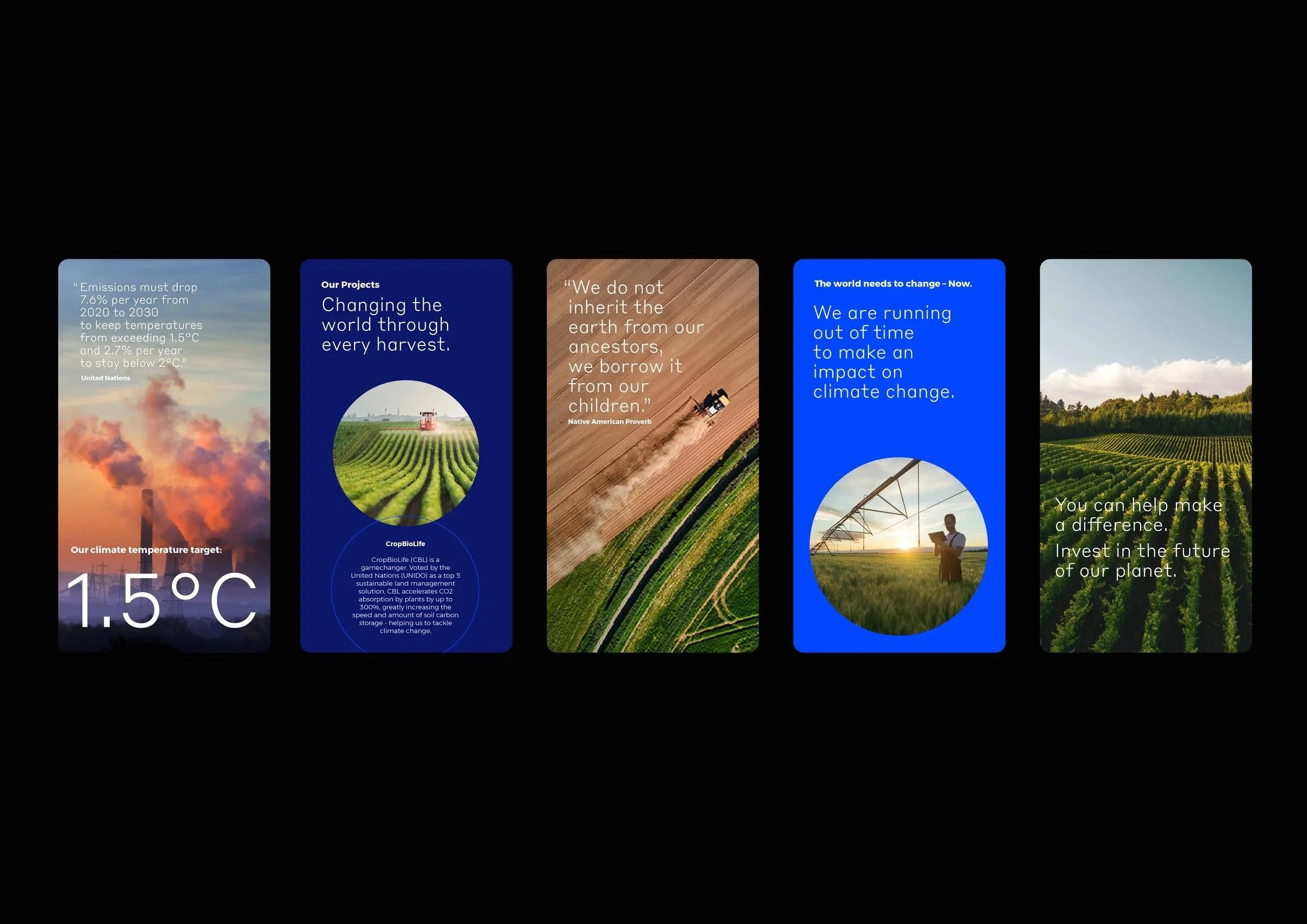 Collection of environmental awareness propaganda posters with images of the planet, farming, and climate change, featuring text about emissions, projects, and sustainability.