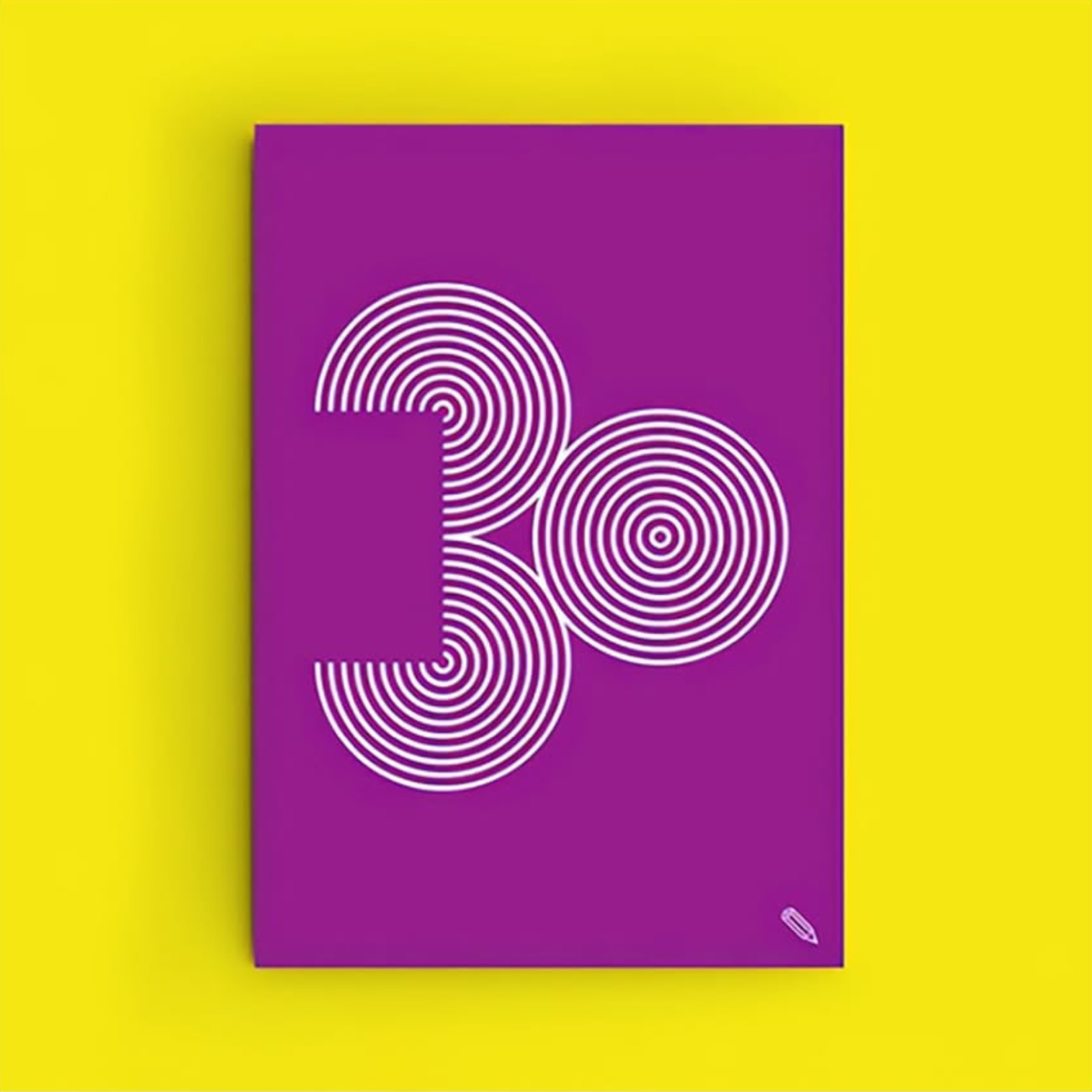 Purple rectangular object with white concentric circle line art design on a bright yellow background.