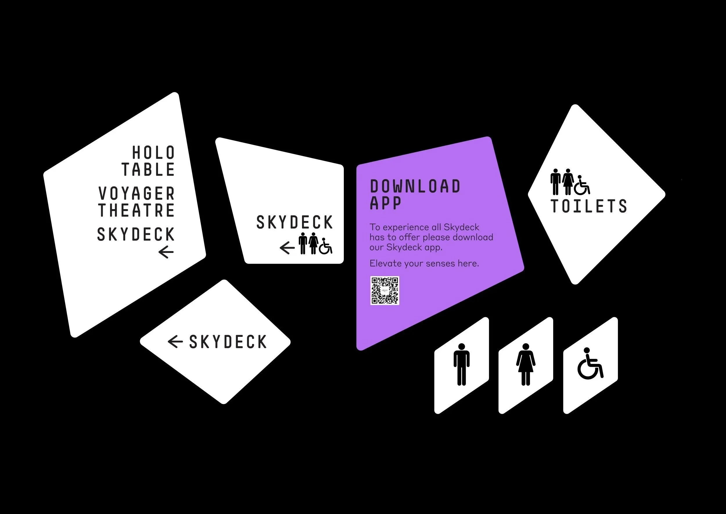 Signage for Skydeck with directions to the Voyager Theatre, toilets, wheelchair accessible facilities, and a QR code for downloading the Skydeck app.