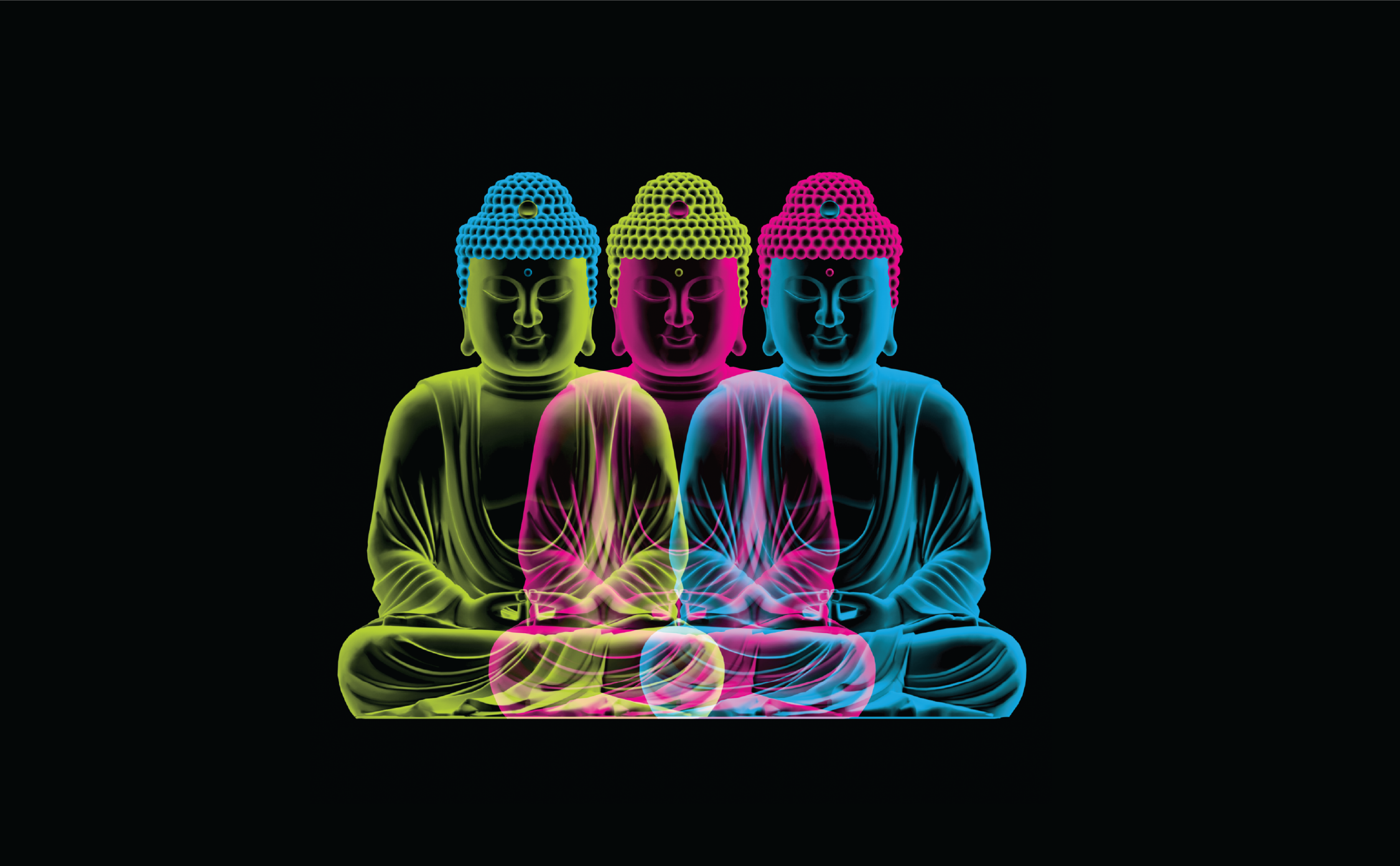 Neon-colored digital illustration of three Buddha statues in a meditative pose, with overlapping outlines in blue, pink, and yellow against a black background.