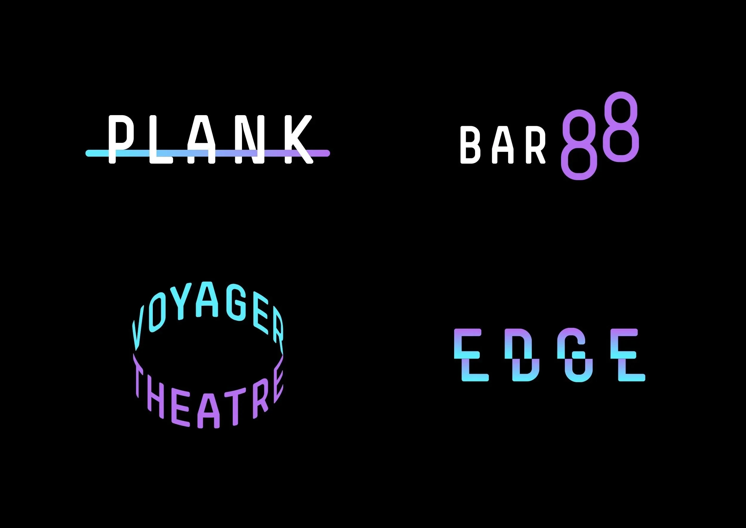 Signage displaying words and symbols: 'PLANK BAR', 'VOYAGER', and 'SPACE THEATER', with each word in different colors and styles on a black background.