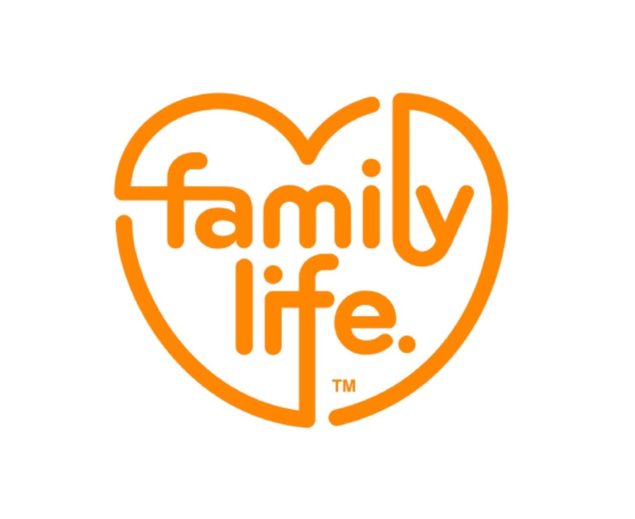 Orange outline of a heart containing the words "family life" in orange text.