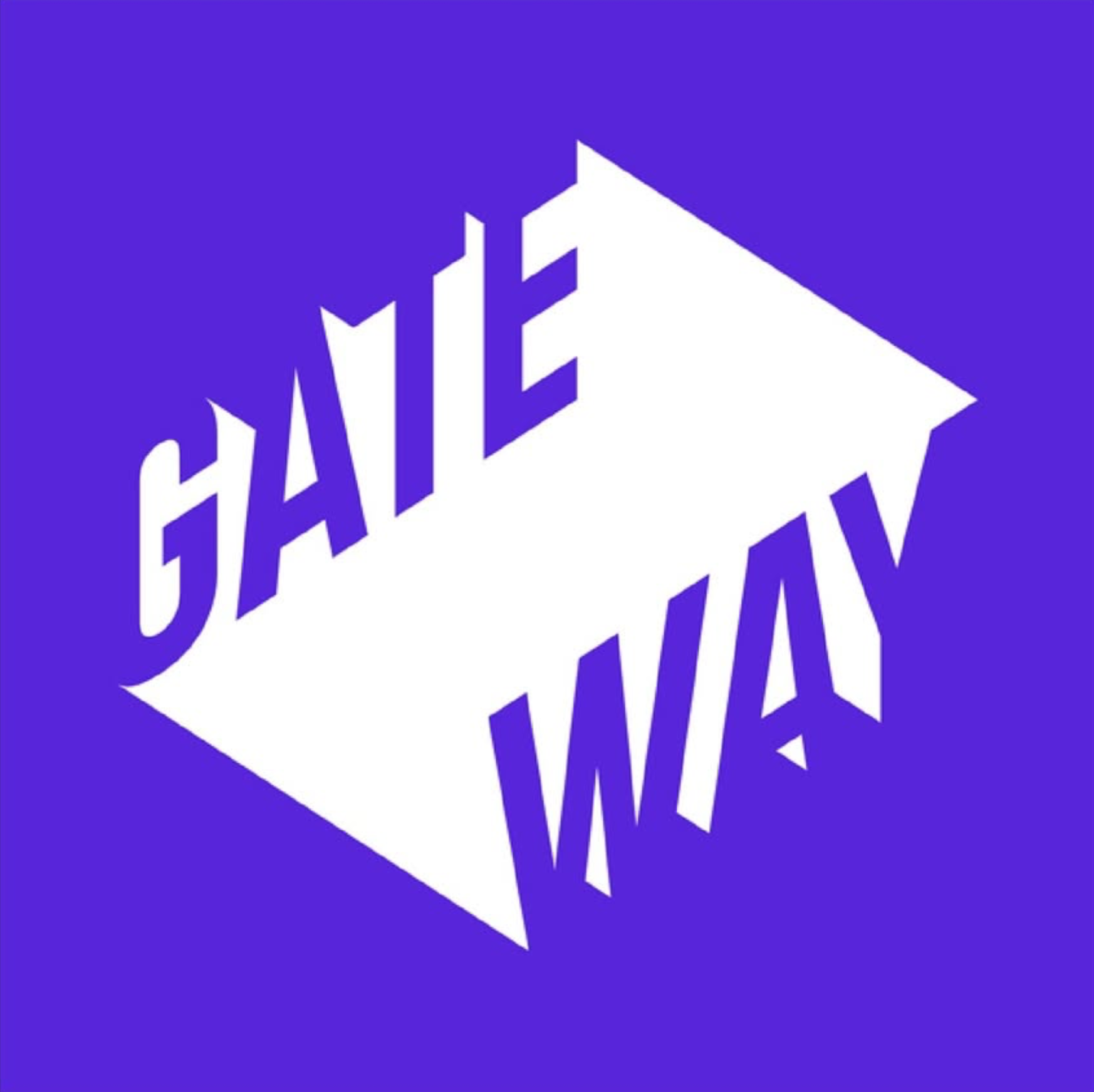 Graphic design of a white explosion shape on a dark blue background with the words 'Gate Way' in stylized, uppercase, purple letters.