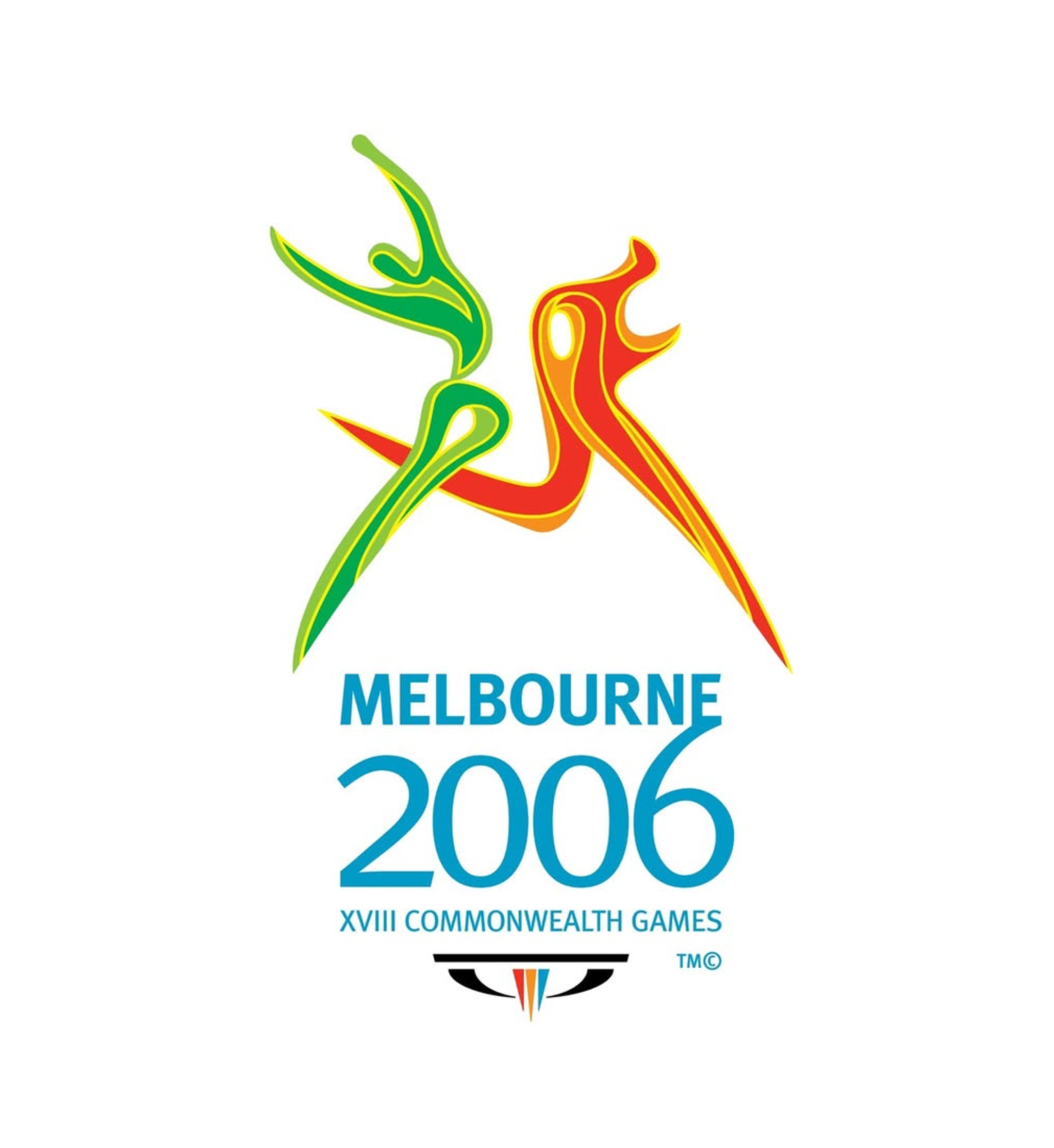 Logo for the 2006 Melbourne Commonwealth Games, featuring two stylized, abstract human figures in green and red, with the event details and a small multi-colored emblem at the bottom.