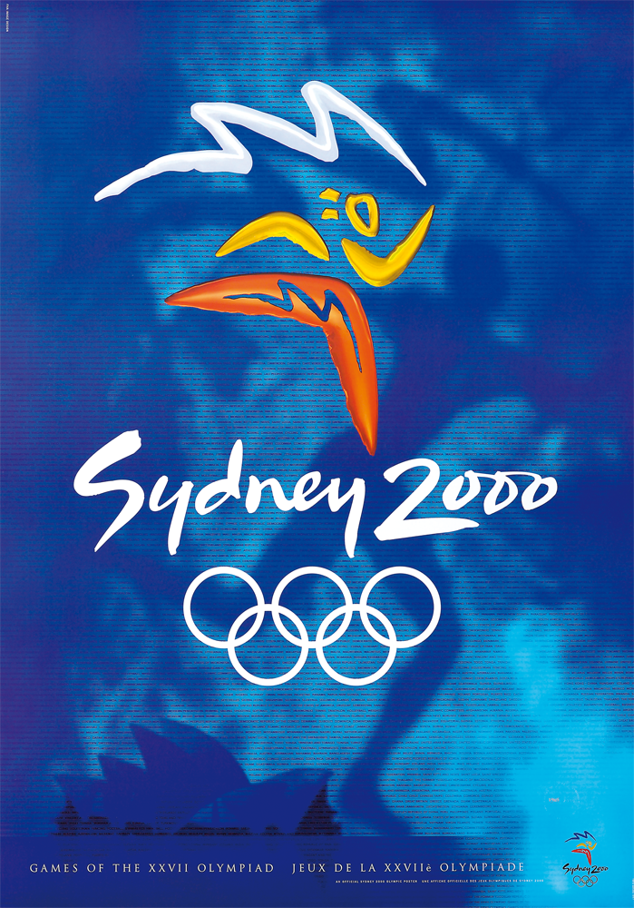 Official poster for the 2000 Sydney Olympics featuring a stylized eagle and the Olympics rings.