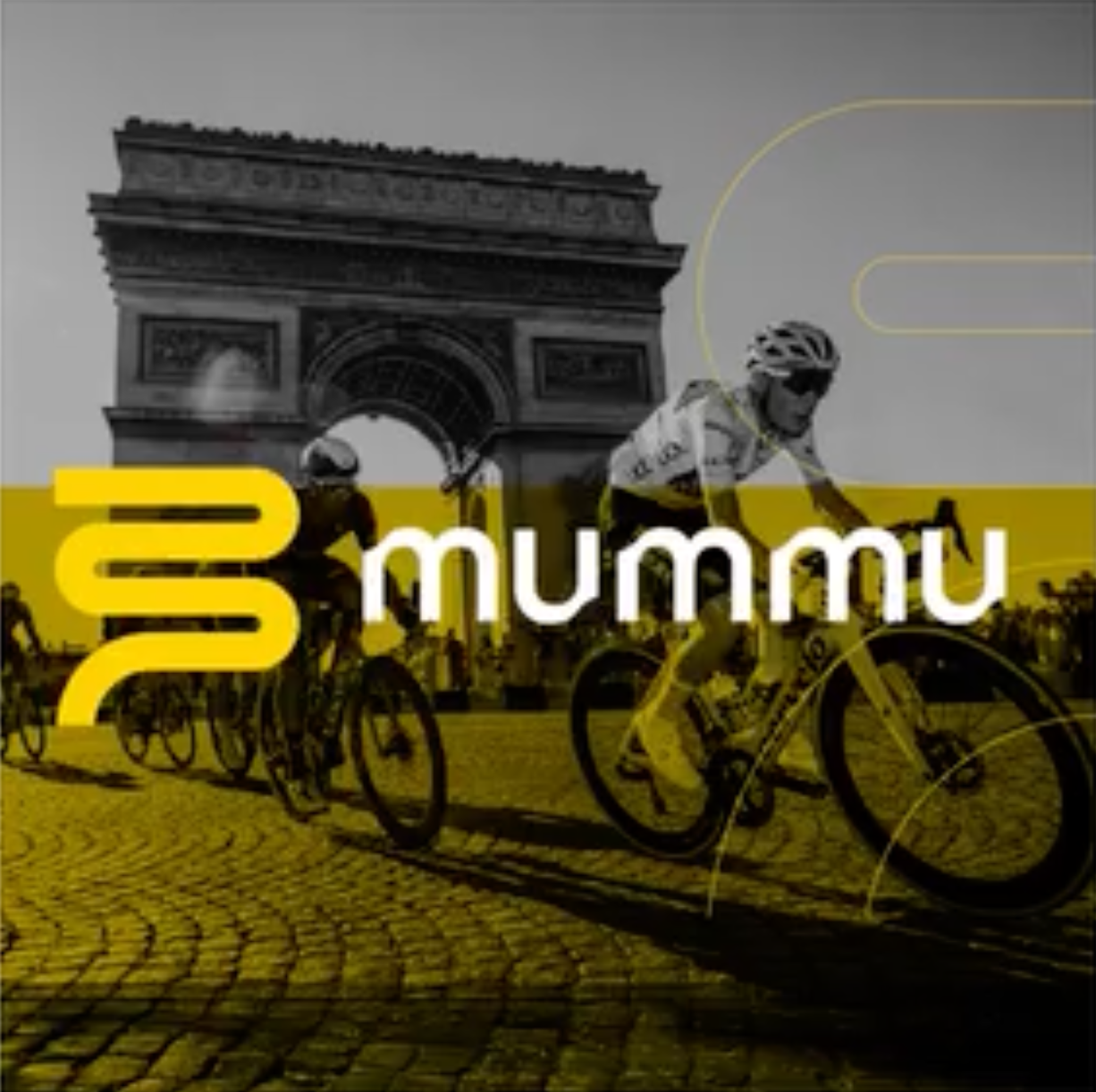 A group of cyclists riding in front of the Arc de Triomphe in Paris, France, with the word 'mummu' and a yellow graphic design overlay.