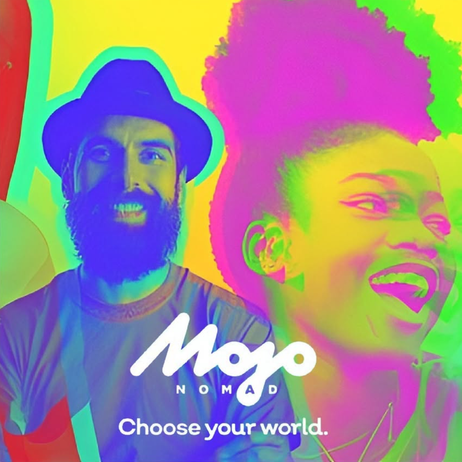 Colorful, psychedelic-style image featuring two people with vibrant, neon-like outlines. A man with a beard and hat is on the left, smiling, and a woman with large earrings and curly hair is on the right, also smiling. The background includes abstrac