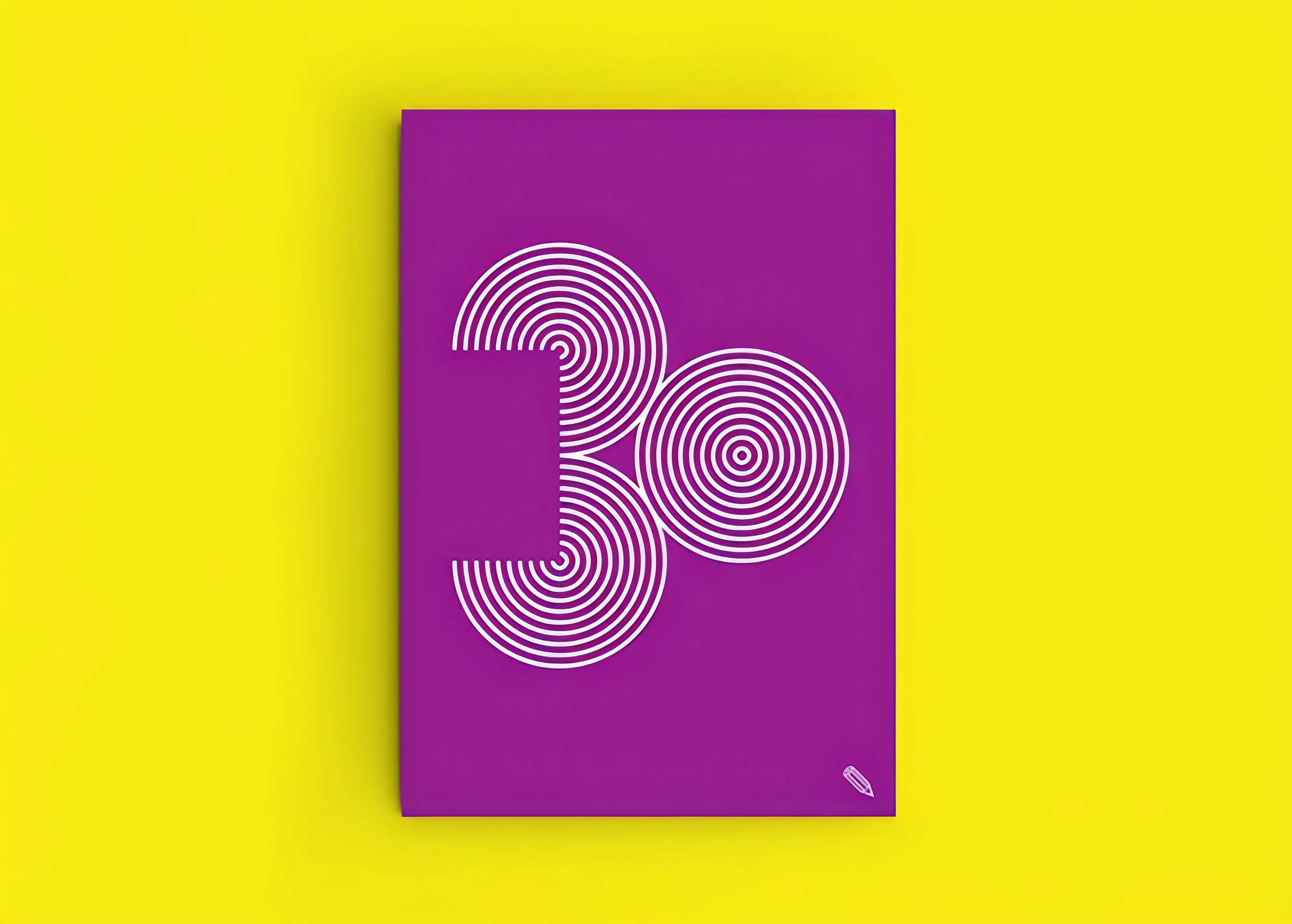 A purple notebook with a white spiral pattern on the cover, placed on a yellow background with a small white pencil icon at the bottom right corner.