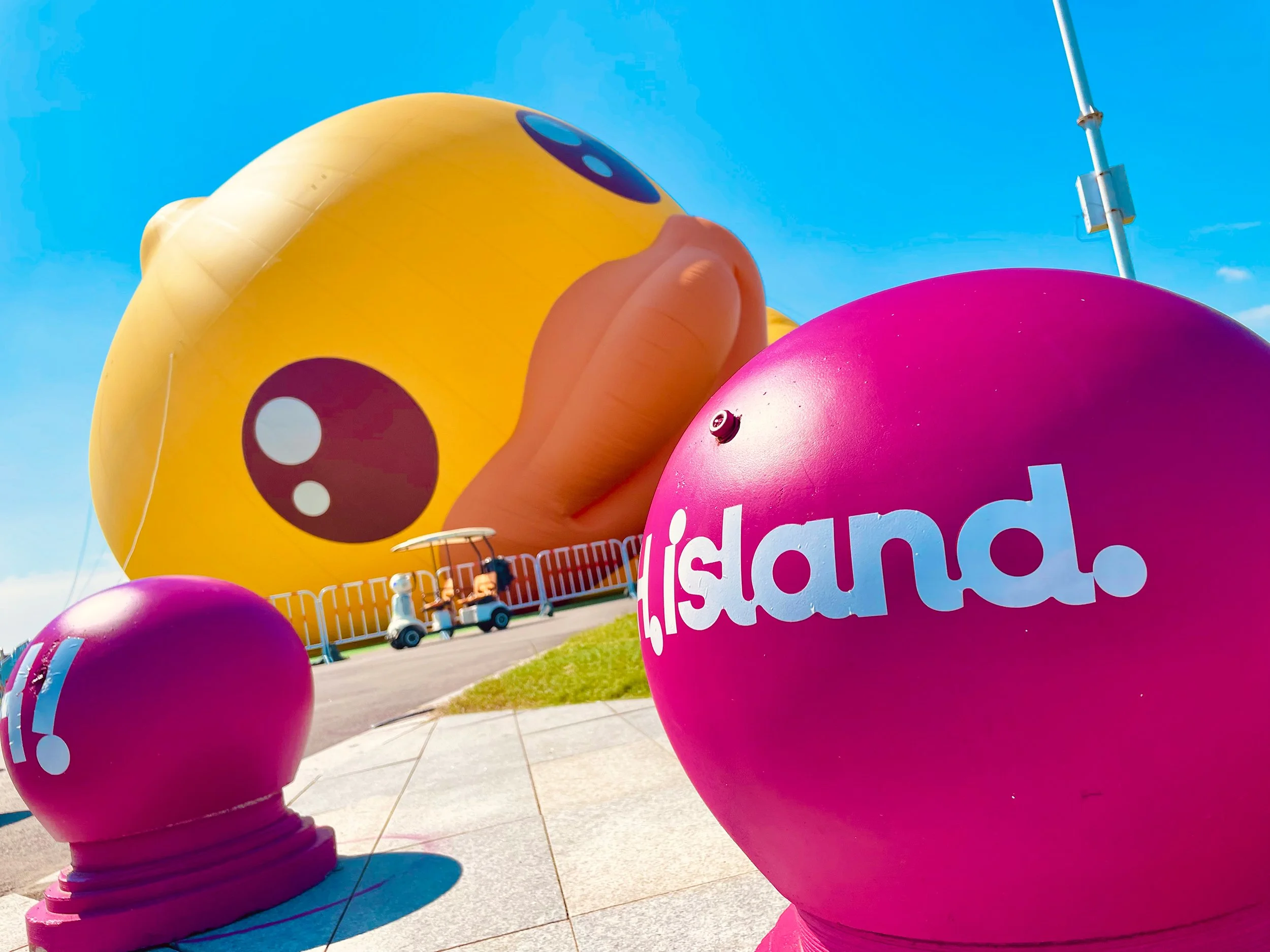 Colorful balloons, including a yellow chick and a pink balloon with partially visible white and blue lettering, outside on a sunny day with a blue sky and a street in the background.