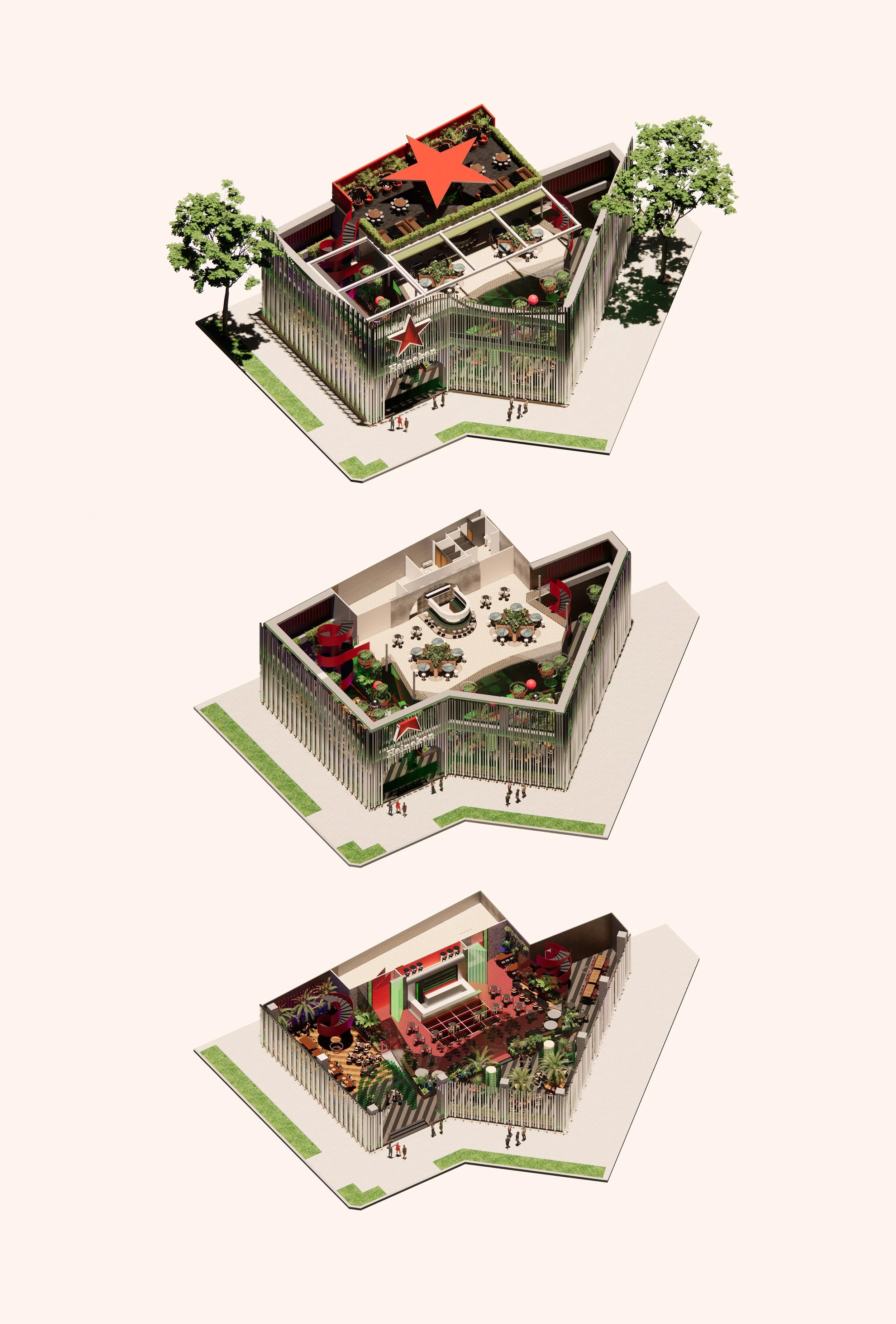 3D rendering of a multi-story entertainment complex with detailed interior layouts, outdoor areas, and various themed sections, featuring trees and people outside.
