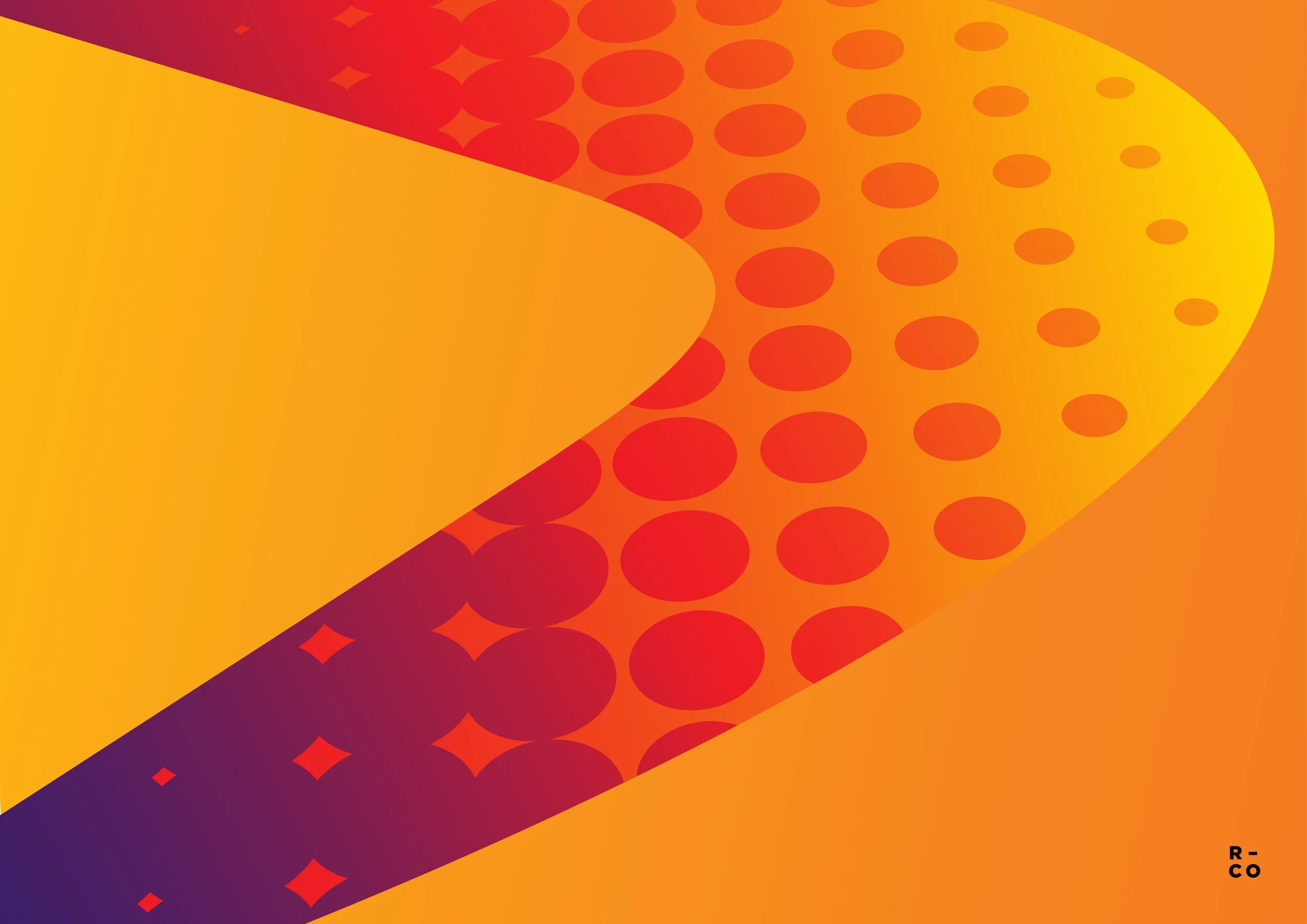 Abstract digital artwork with warm gradient colors in orange, yellow, and red, featuring circular patterns and geometric shapes.