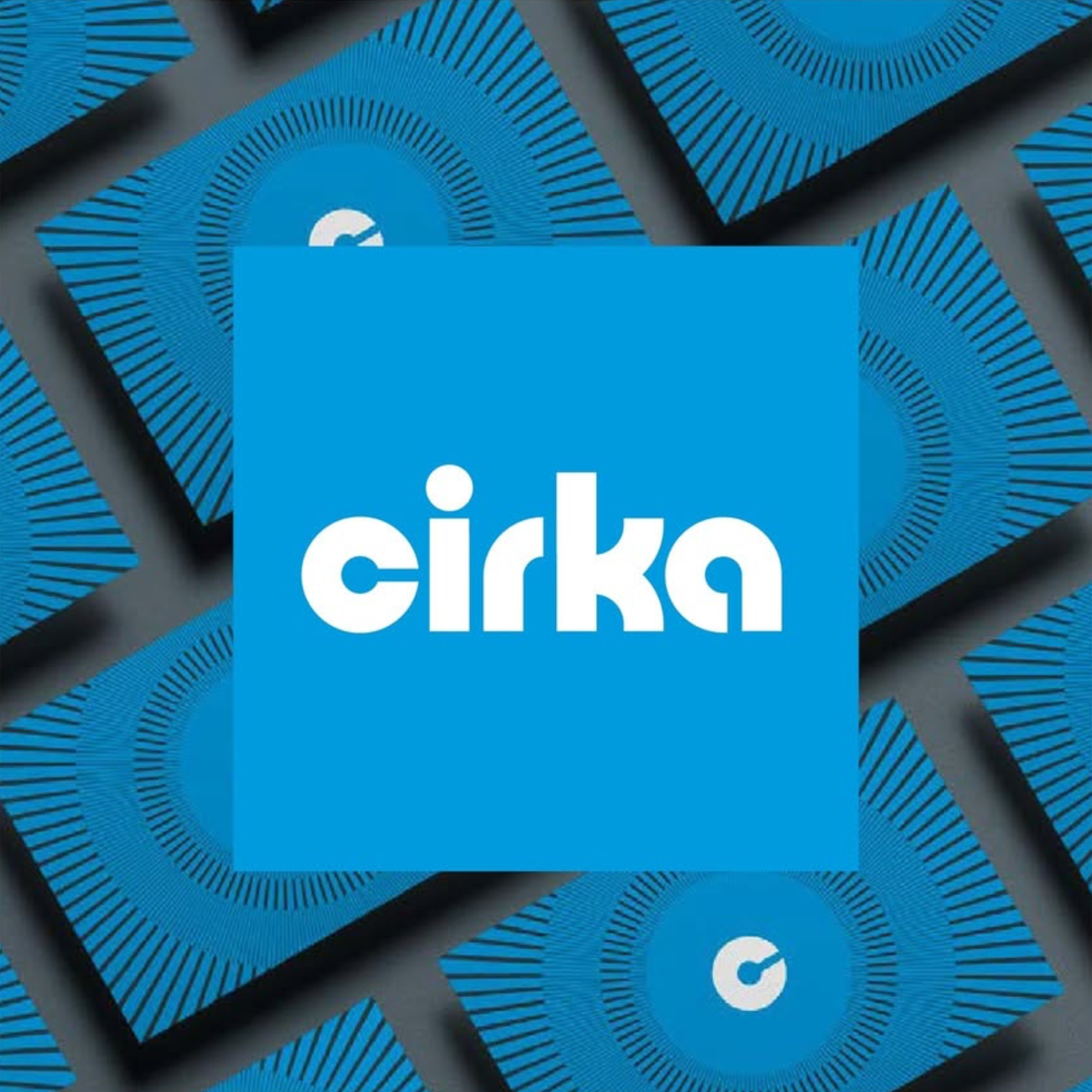 Multiple blue and black circular designs with lines radiating outward, arranged in a geometric pattern. The words 'dike' and part of another word are visible in white text on a blue background overlaid on the image.