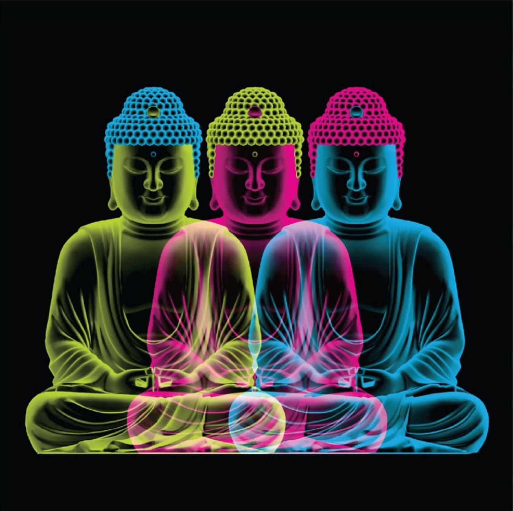 A digital, colorful illustration of three Buddha statues in a meditative pose, with neon outlines and vibrant hues of yellow, pink, and blue, against a black background.