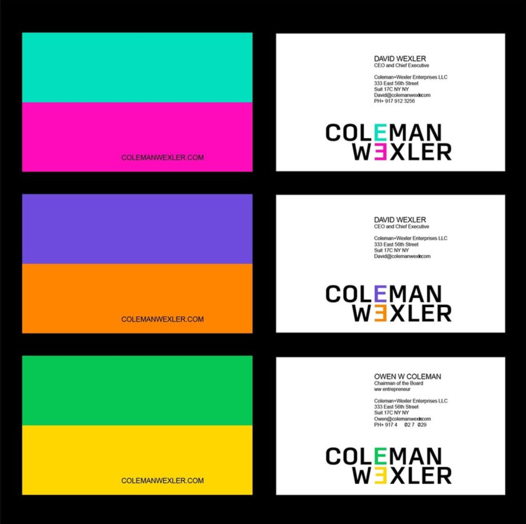 A collage of seven business cards with different background colors, including turquoise, pink, purple, orange, yellow, and green. All business cards display contact information for David Wexler and Owen W. Coleman, with variations in logo design and 