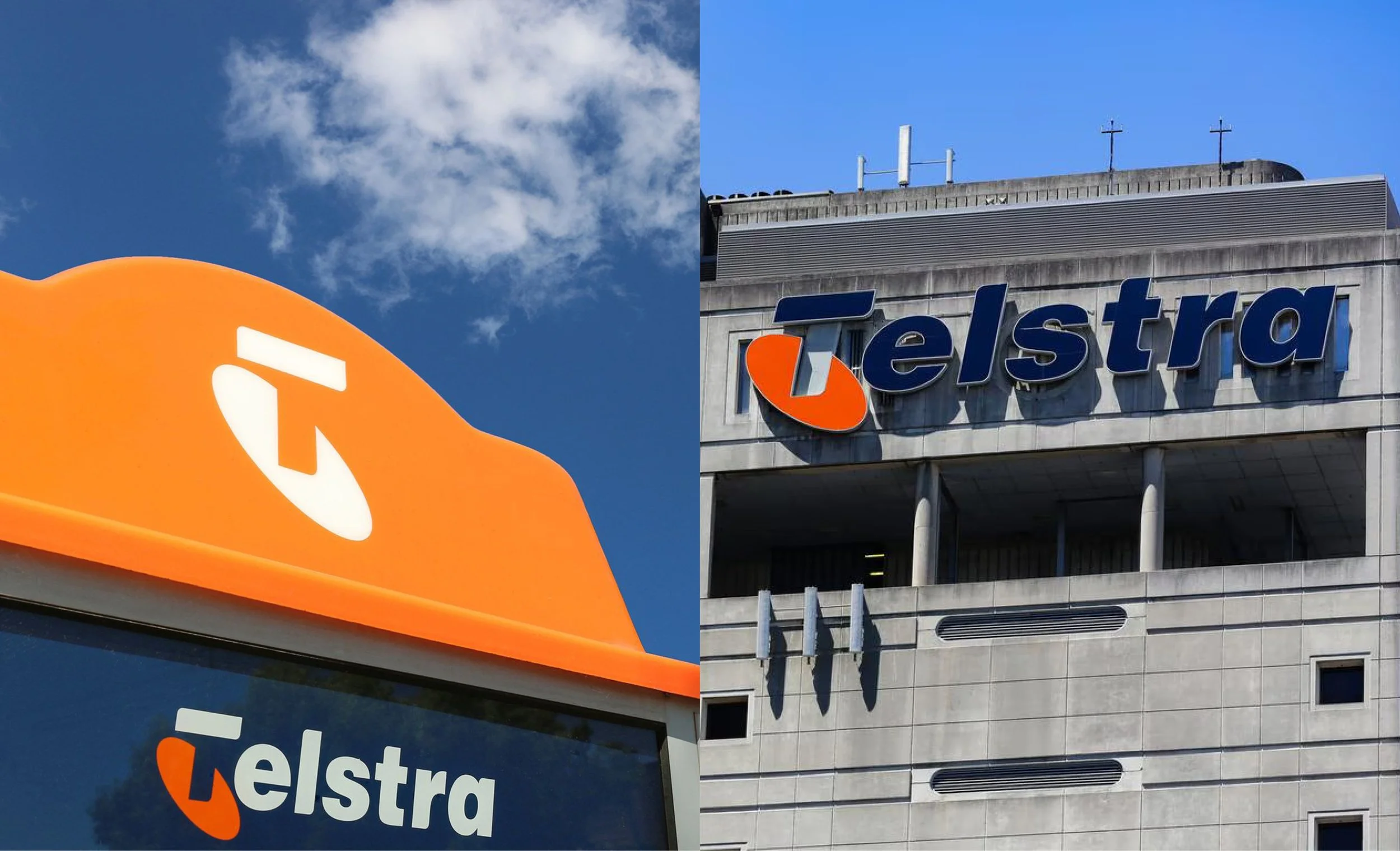 A split image showing two different Telstra store signs on buildings. The left side displays a bright orange sign with the Telstra logo against a blue sky with clouds, while the right side shows a metallic building facade with a blue and orange Telst