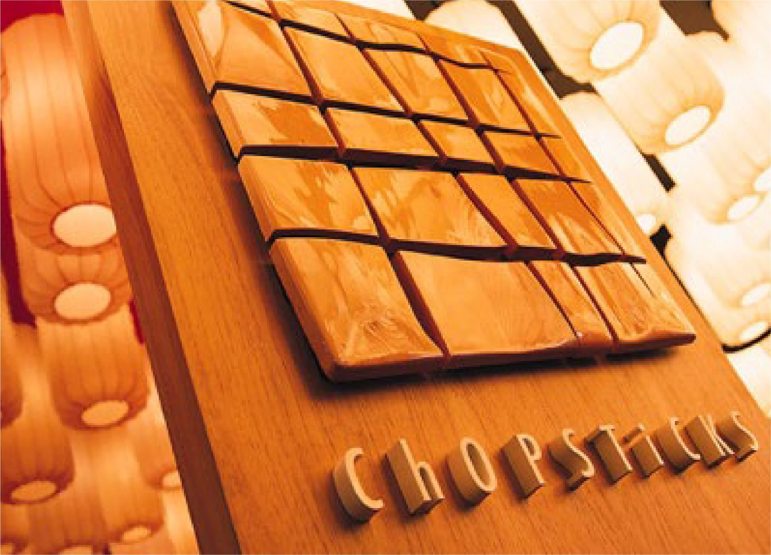 Close-up of an ornate wooden chess piece with black grid lines overlayed on it, part of a wooden chessboard, with the background showing the blurred text of a chess-related sign or board.