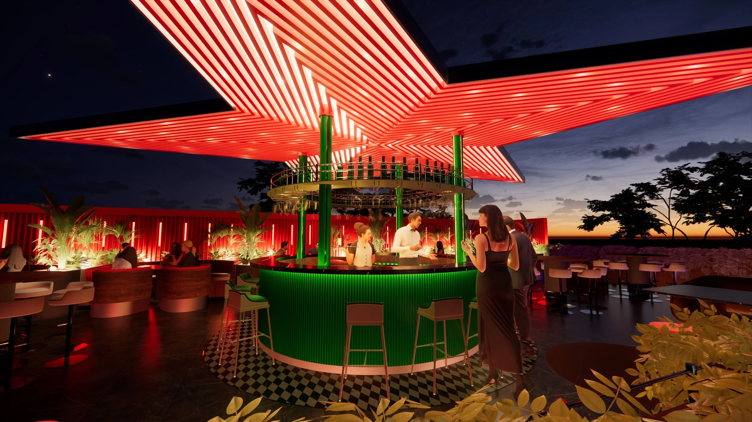 An outdoor bar area at night with a large illuminated star-shaped canopy, green-lit pillars, and people socializing. The sky shows a sunset with dark clouds and trees in the background.