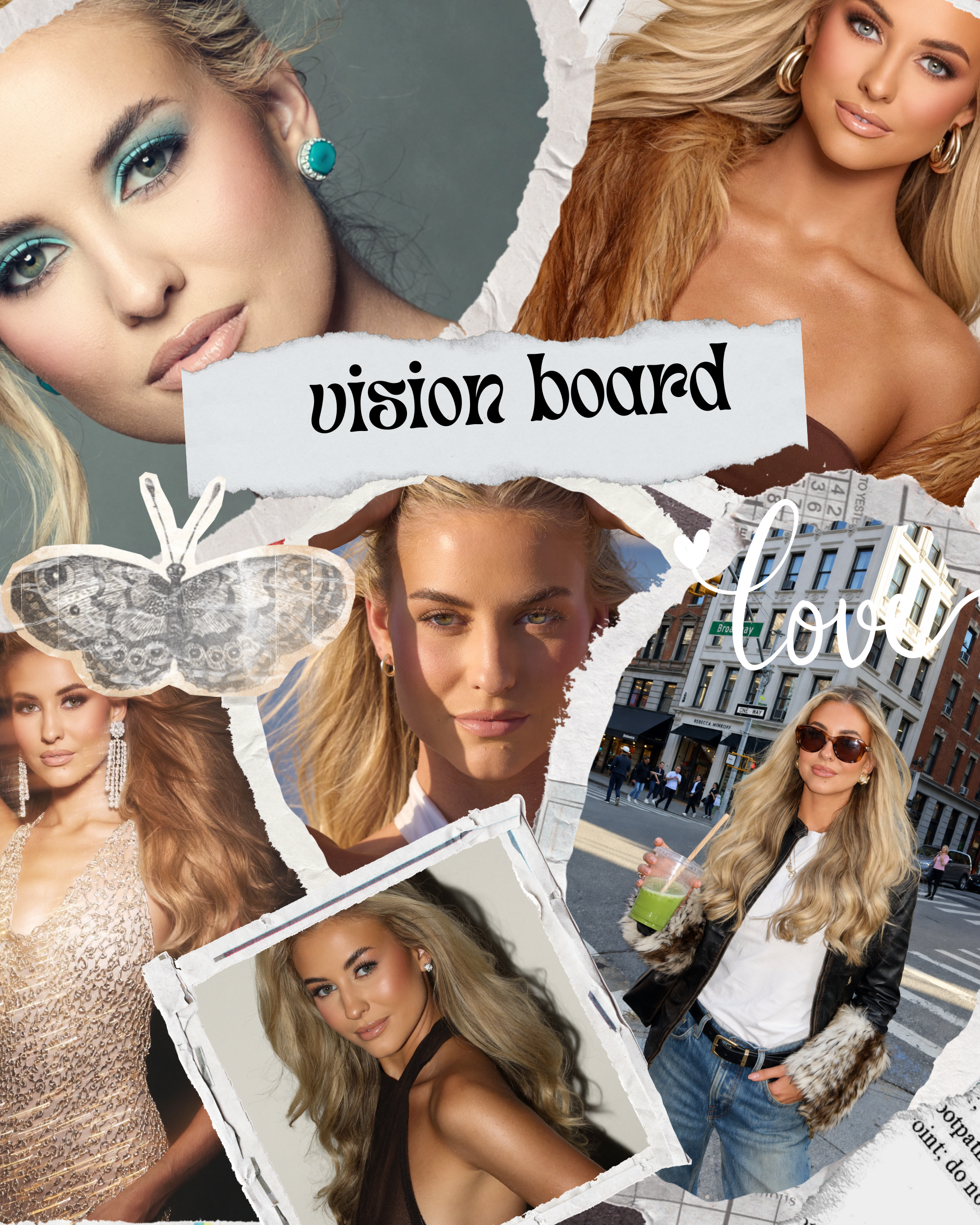 A collage of photos featuring a blonde woman in different outfits and settings, including close-ups of her face with makeup, a city street scene, and casual moments, with torn paper edged design and several decorative elements such as a butterfly and handwritten words.