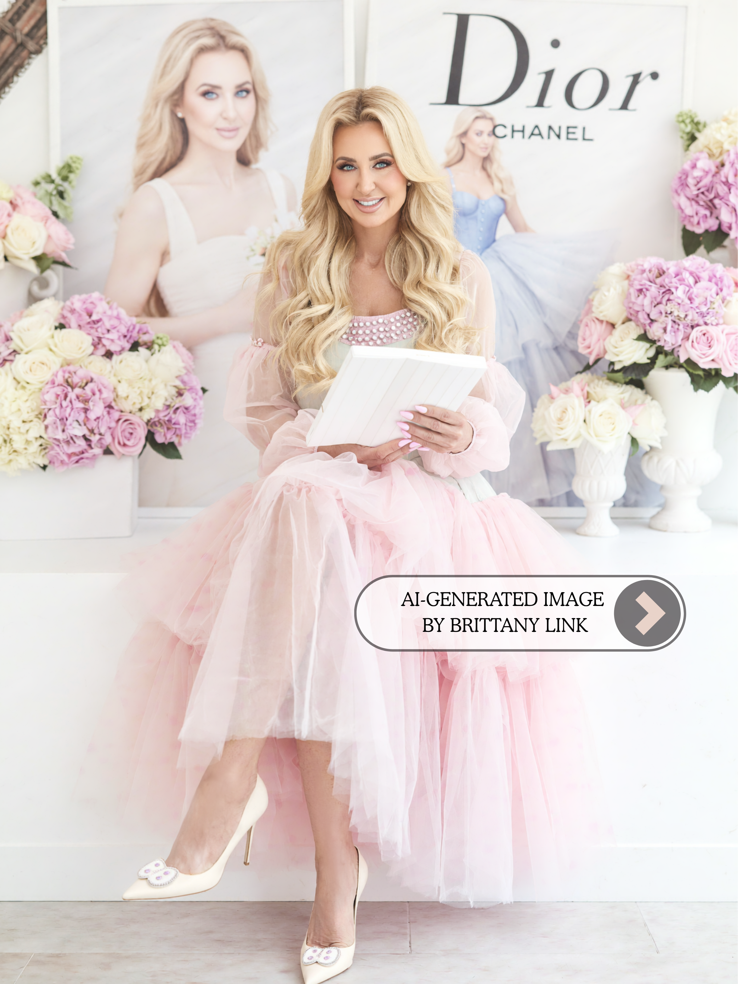 A woman with long blonde hair, blue eyes, and light makeup, smiling and sitting in front of a backdrop featuring large images of herself, a Dior and Chanel logo, wearing a pink tulle dress and white high-heeled shoes with bows, surrounded by pink and white flowers in vases.
