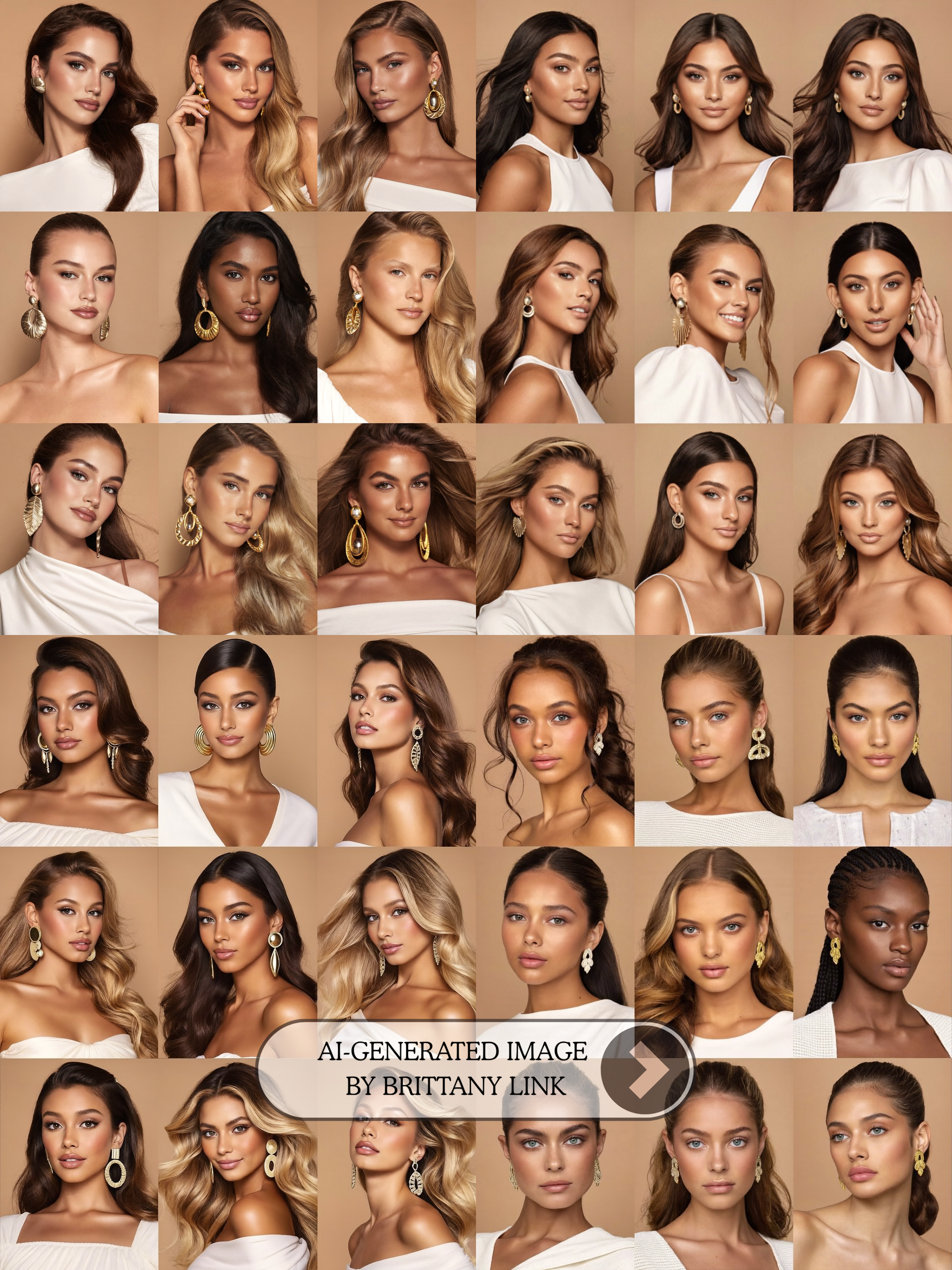 Collage of multiple women with different hair colors and styles, all wearing white clothing and gold earrings, against a beige background.