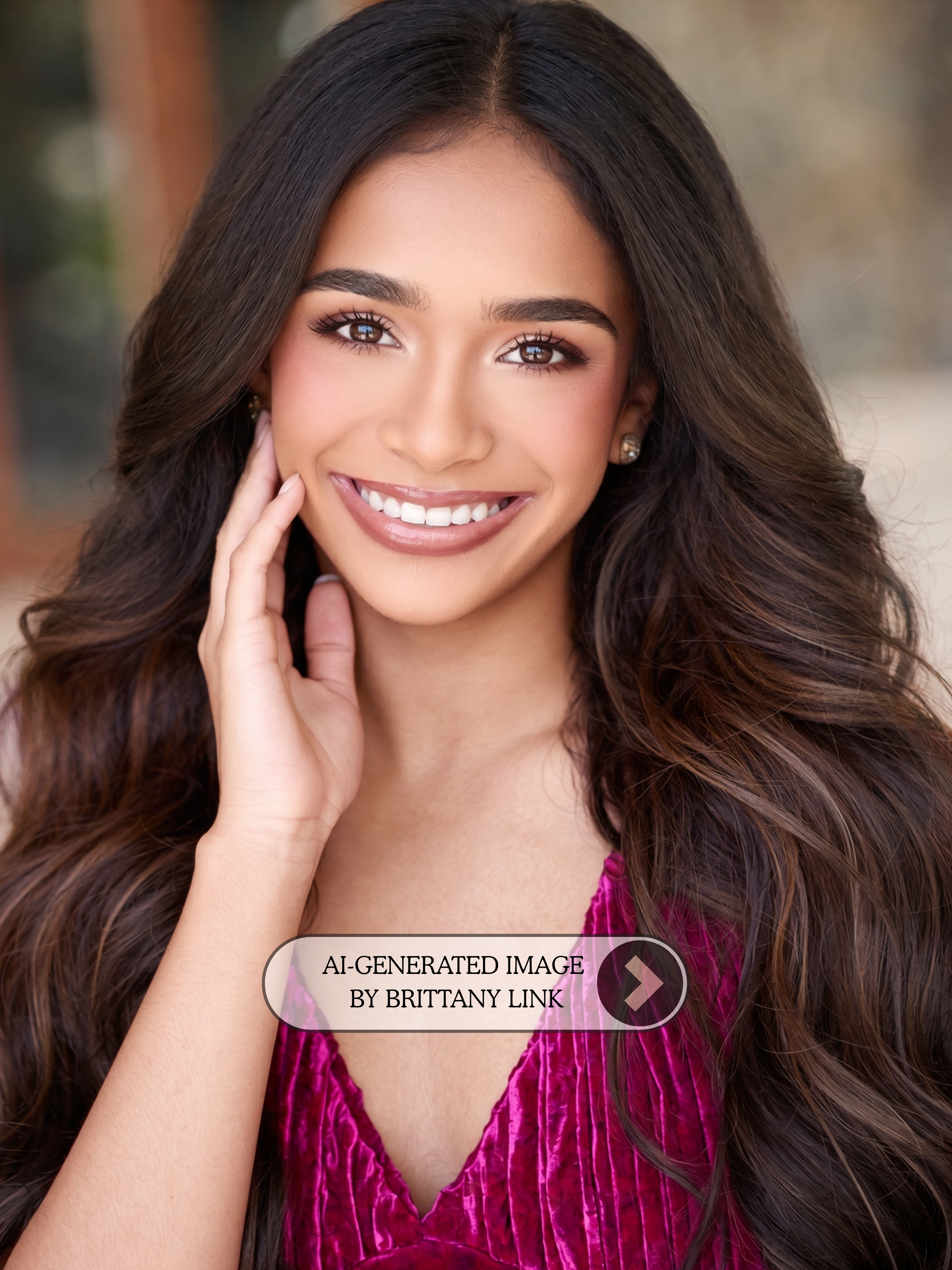 A young woman with long, wavy brown hair, brown eyes, and a bright smile, wearing a velvet magenta top and earrings, touching her face gently.