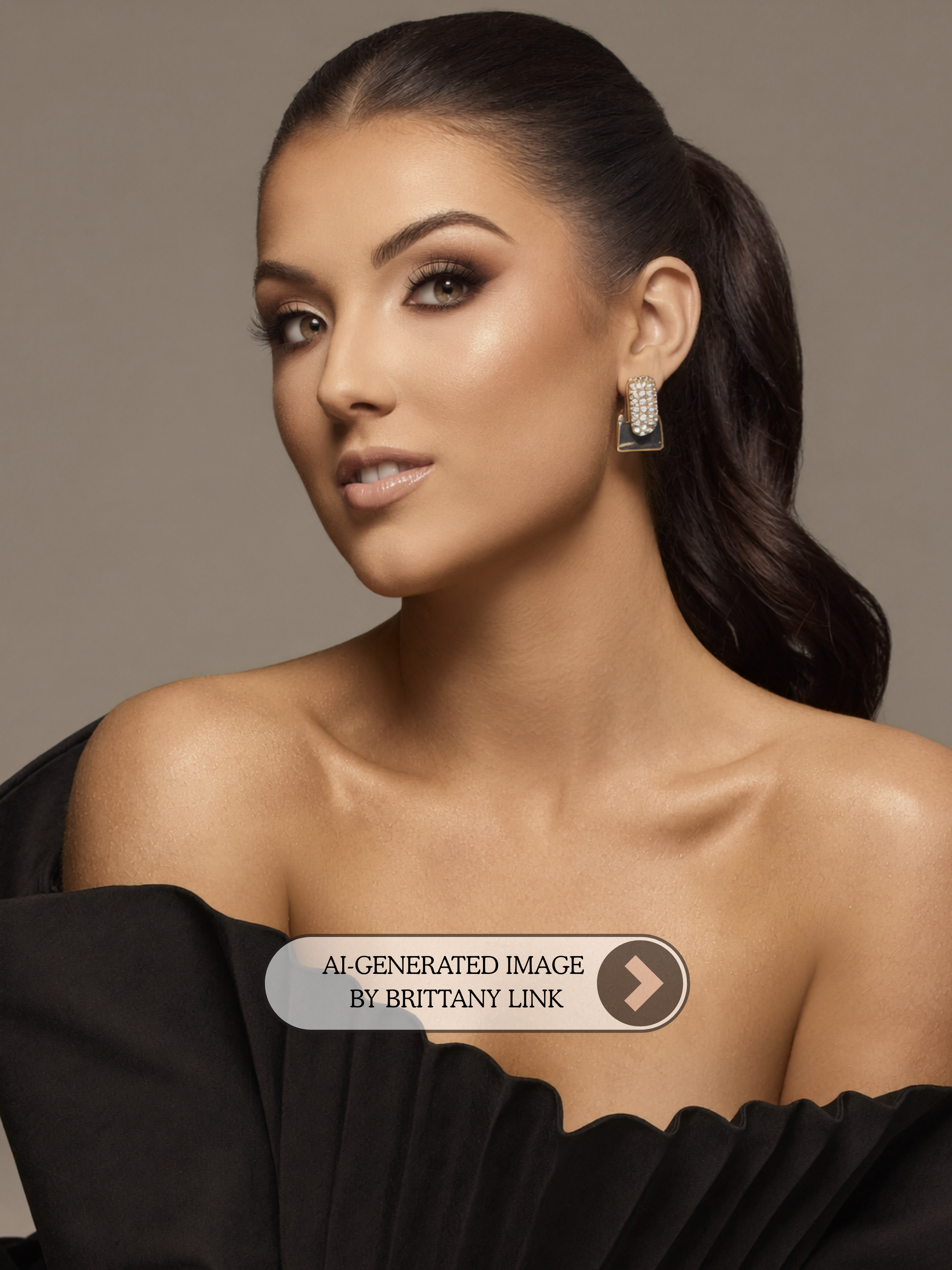 A woman with lifted dark hair, makeup, and earrings wearing an off-the-shoulder black garment.
