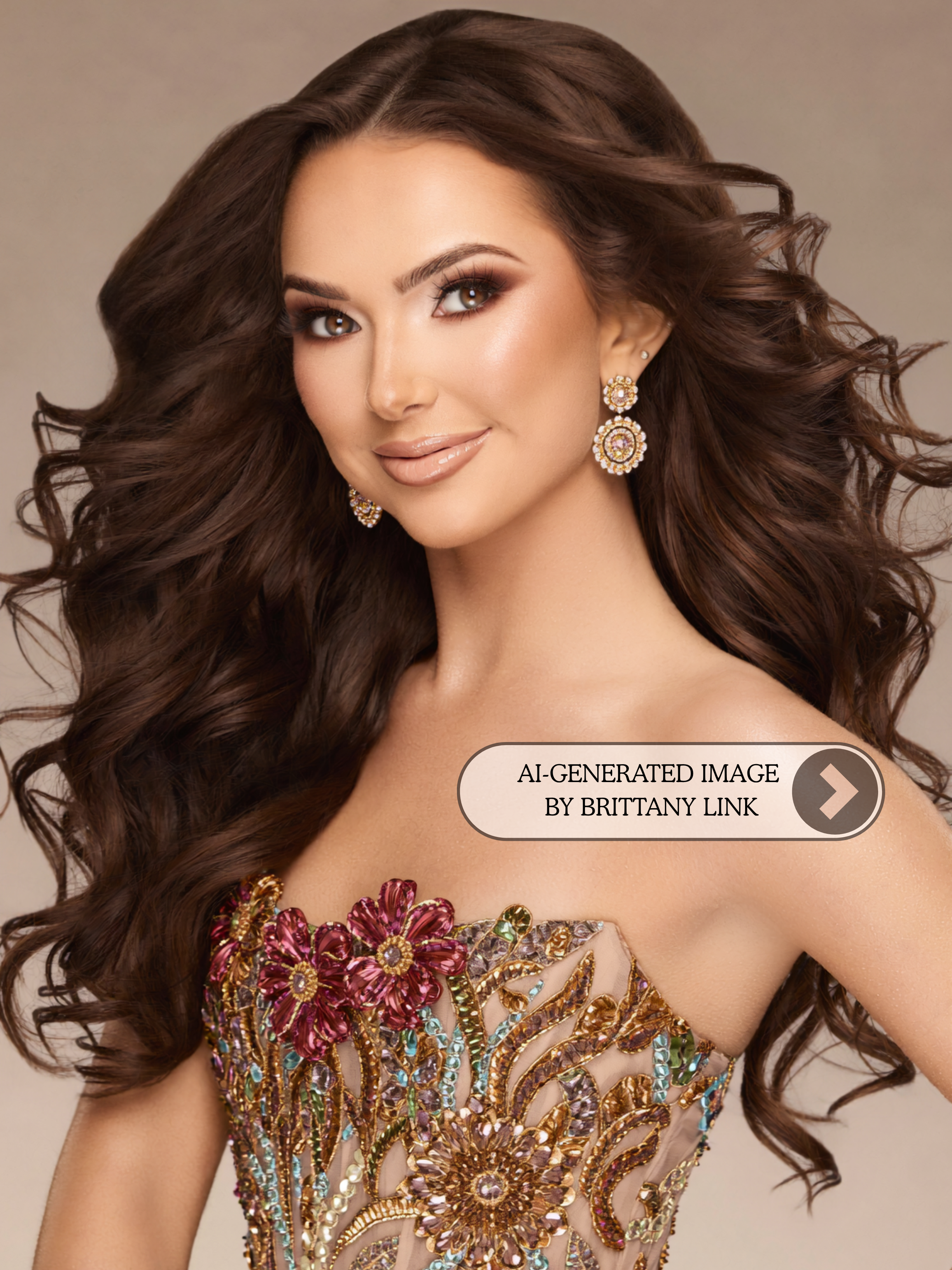 A woman with long, wavy brown hair wearing large, ornate earrings and a colorful, embroidered dress.