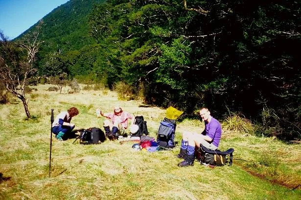 Wanda, Ian, Matt - Spring morning sunlight, Sabine Valley, Nelson Lakes National Park 04/10/2002 