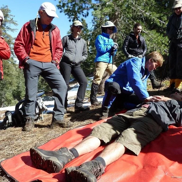 Group of people outdoors in a forested area, gathered around a person lying on an orange rescue mat, possibly receiving first aid or medical assistance, with some individuals kneeling and others standing nearby.