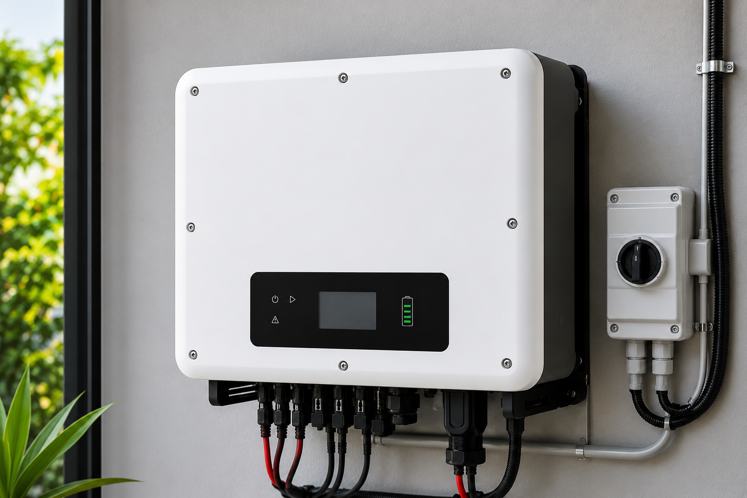 Photograph of a white solar inverter mounted on a gray wall with electrical conduit and a control dial, outside near green foliage.