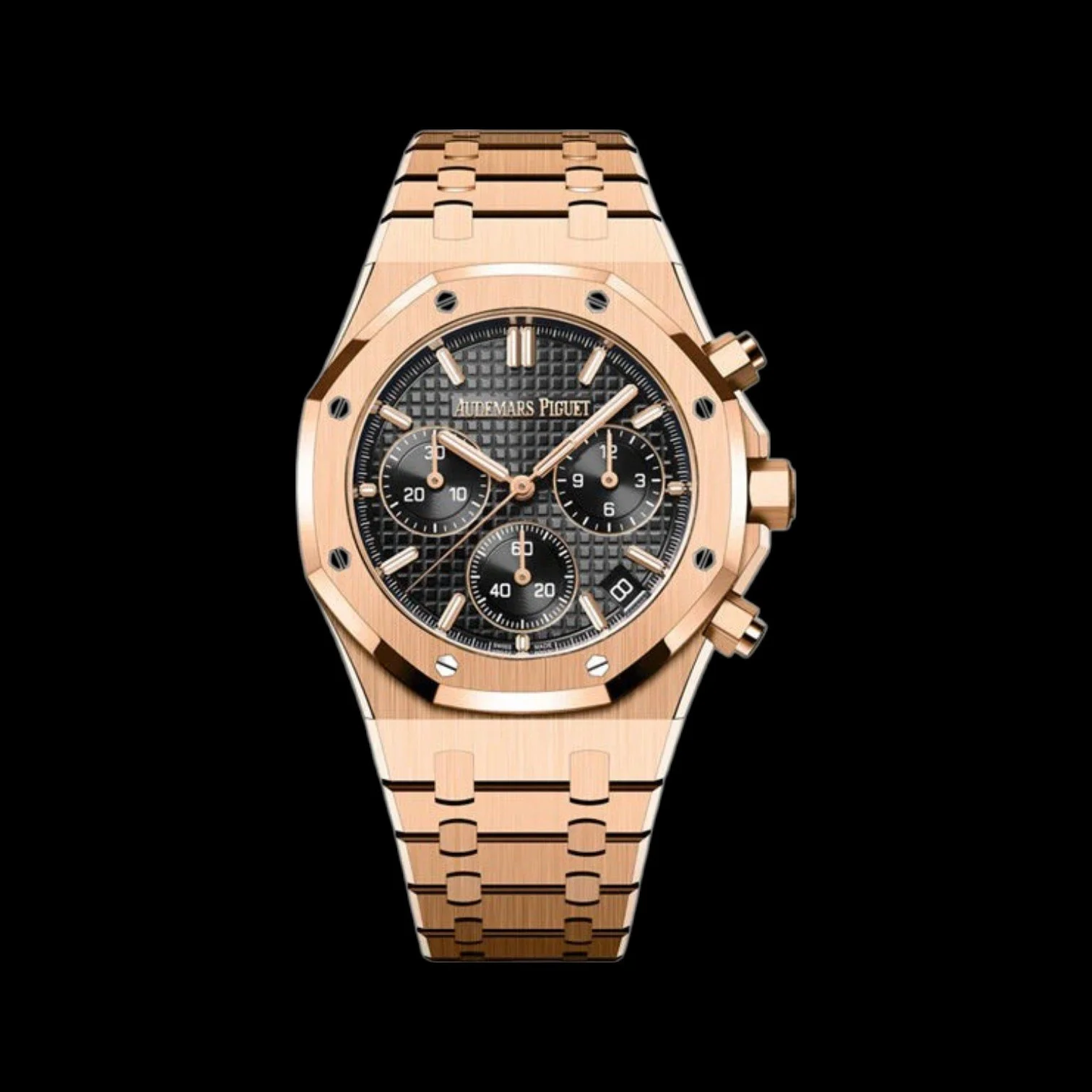 A rose gold luxury wristwatch with a black textured dial, featuring three subdials, gold hour markers, and gold hands, with a date window at 4 o'clock.
