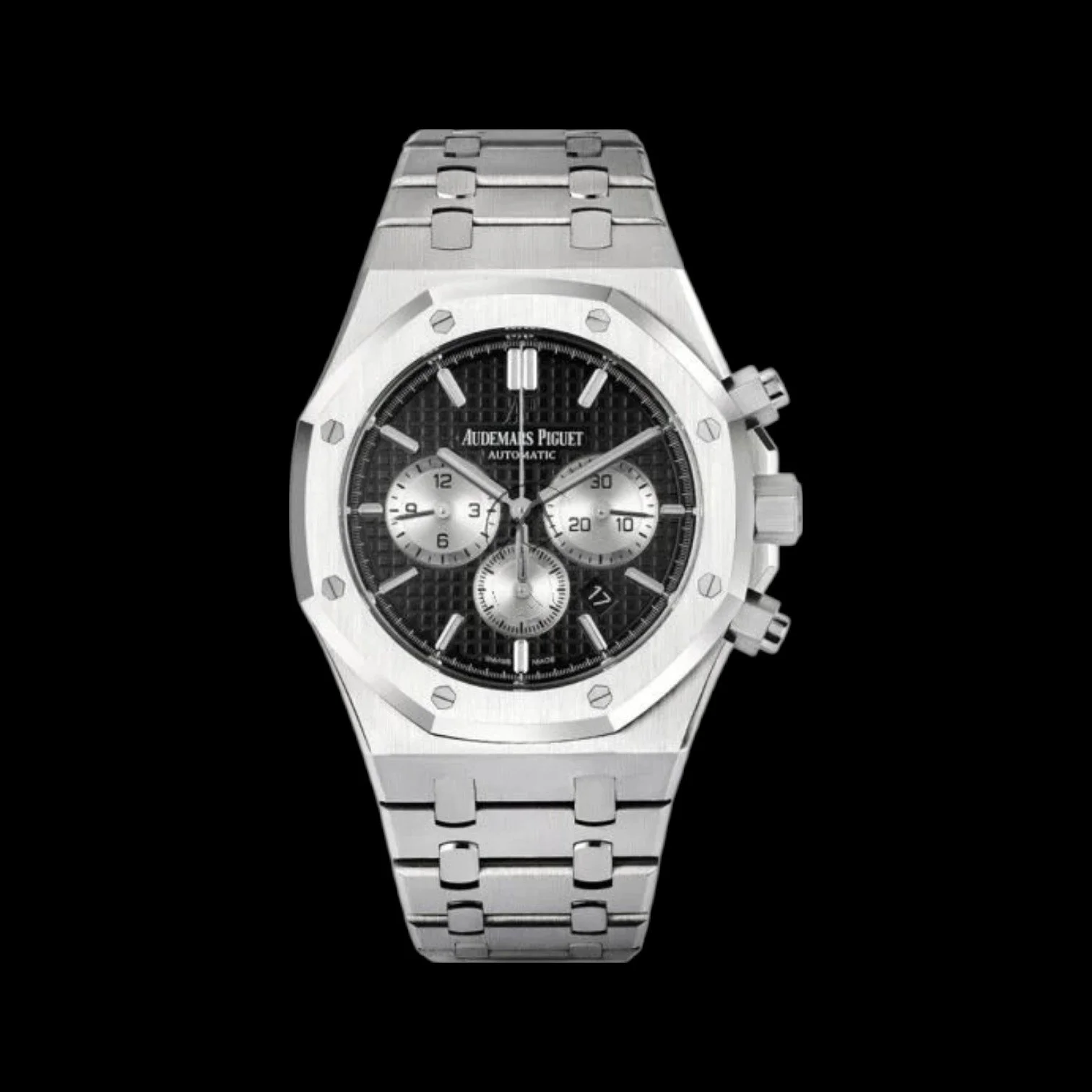 A luxury silver wristwatch with a black textured dial, three sub-dials, and a date window, against a black background.
