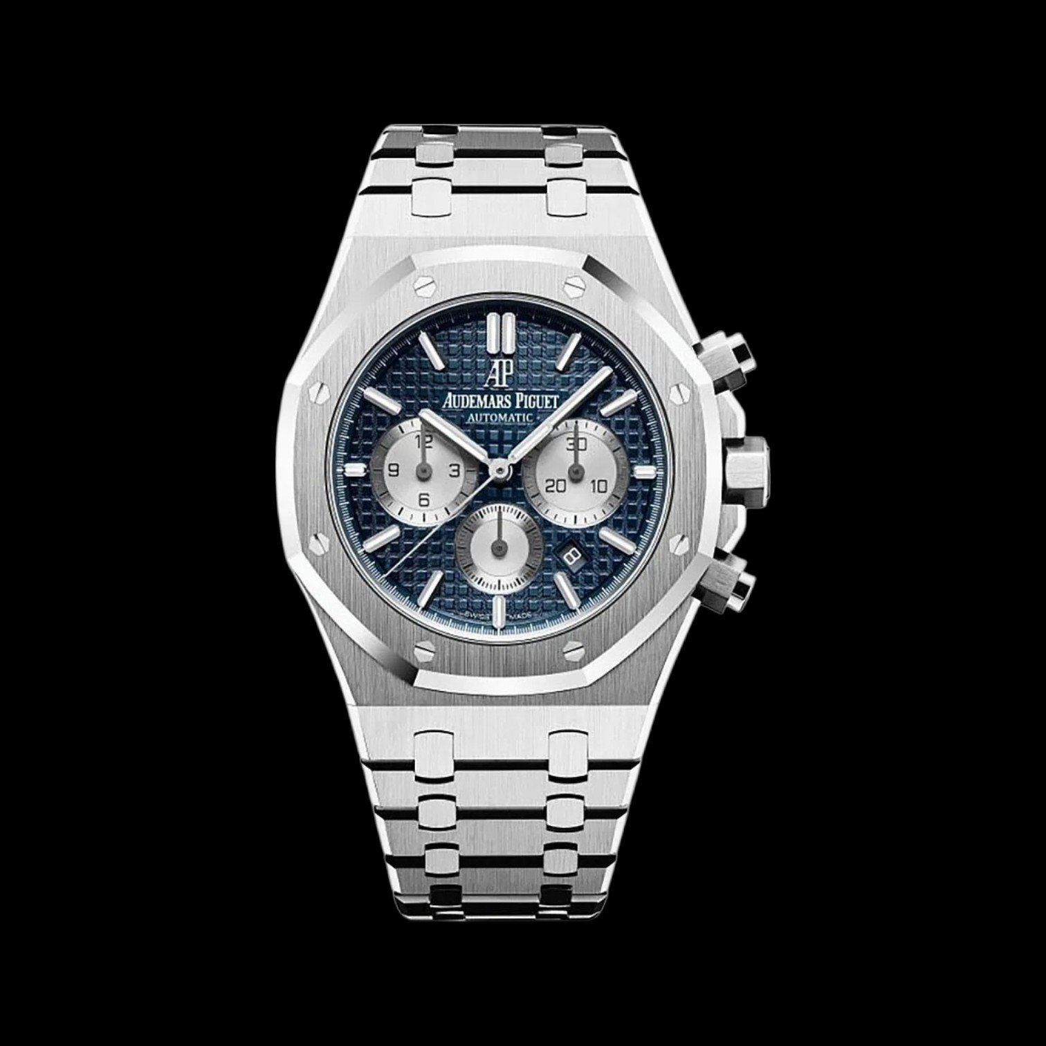 A luxury Audemars Piguet watch with a silver metal band, blue textured dial, chronograph features, and three subdials, set against a black background.