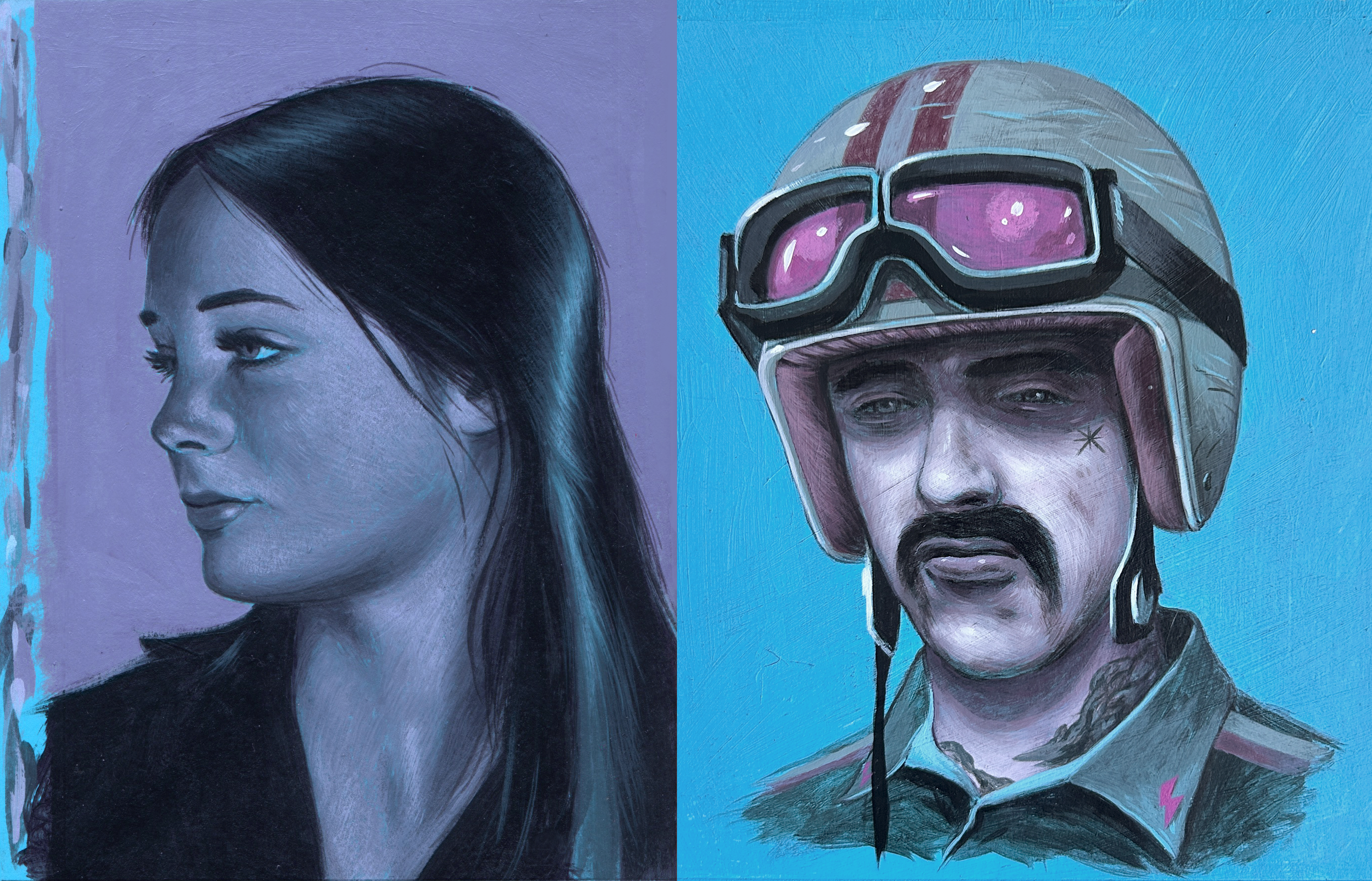 Two murals side by side, one of a woman with long dark hair looking to the left against a purple background, and the other of a man wearing a helmet with pink goggles on a blue background.