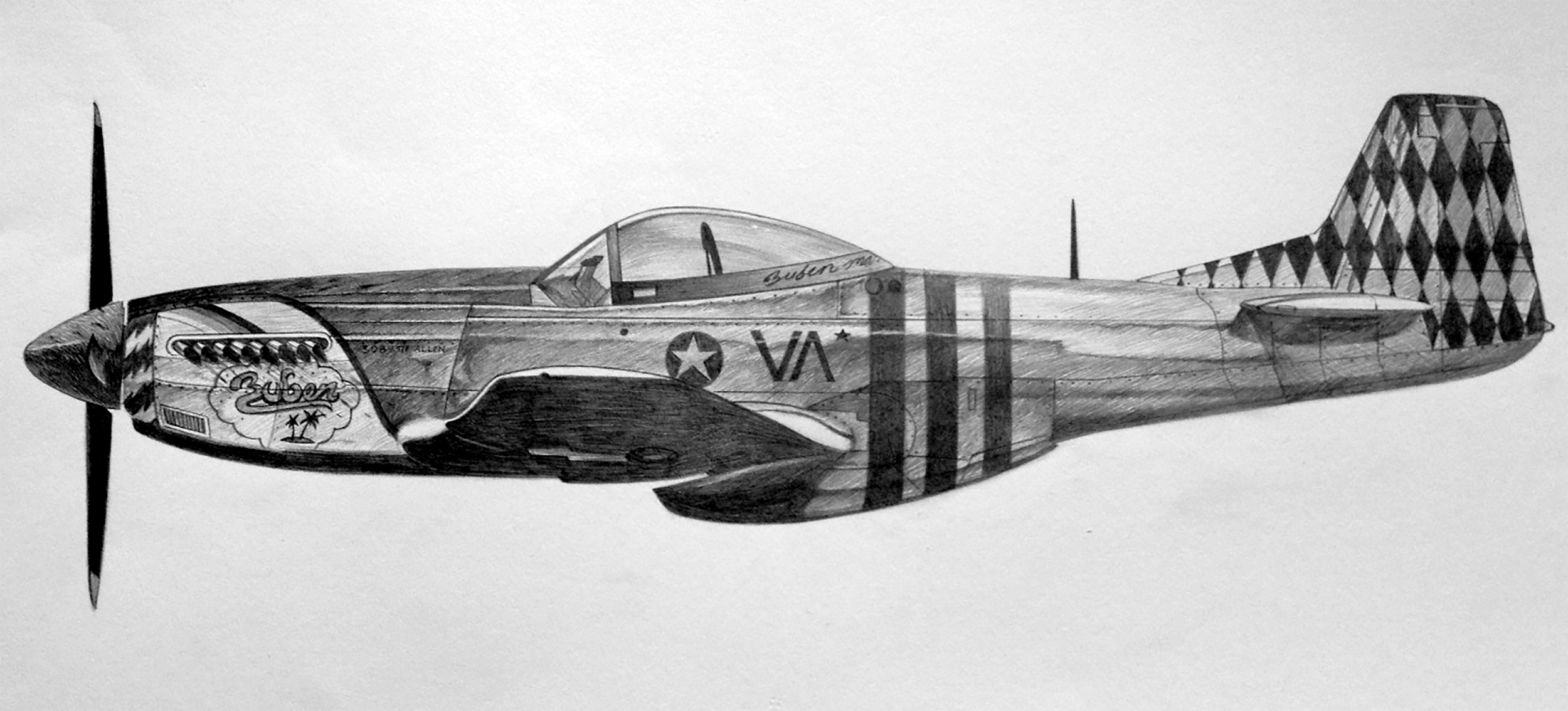 A detailed pencil drawing of a vintage fighter jet airplane with decorative and patriotic artwork, including a palm tree, a cloud, and the word 'Gubernator' on its side.