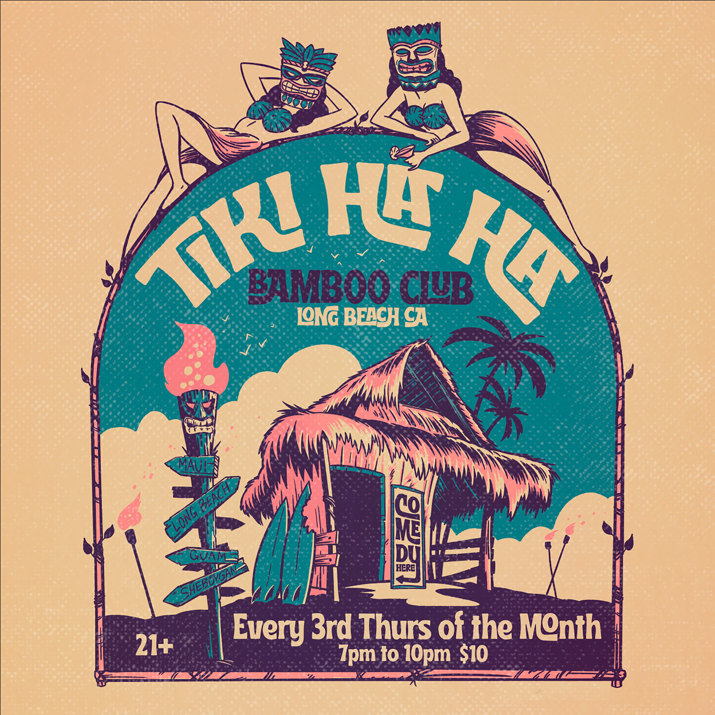 Poster for a tropical event featuring two characters wearing tiki masks and leis, lounging on a beach with signs pointing to different destinations, with text about the event happening every third Thursday of the month from 7 pm to 10 pm, with a cover charge of $10.