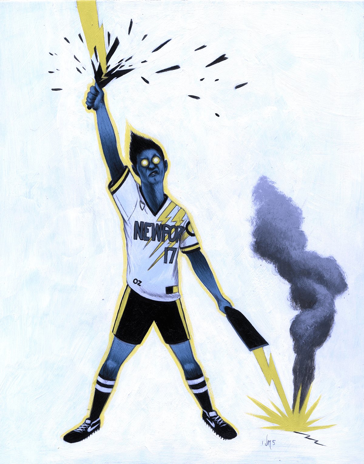 A blue-skinned cartoon character with glowing eyes, wearing a sports jersey that says 'Newport 17,' holding a lit firework and a smoking bottle, with a graffiti-style explosion in the background.
