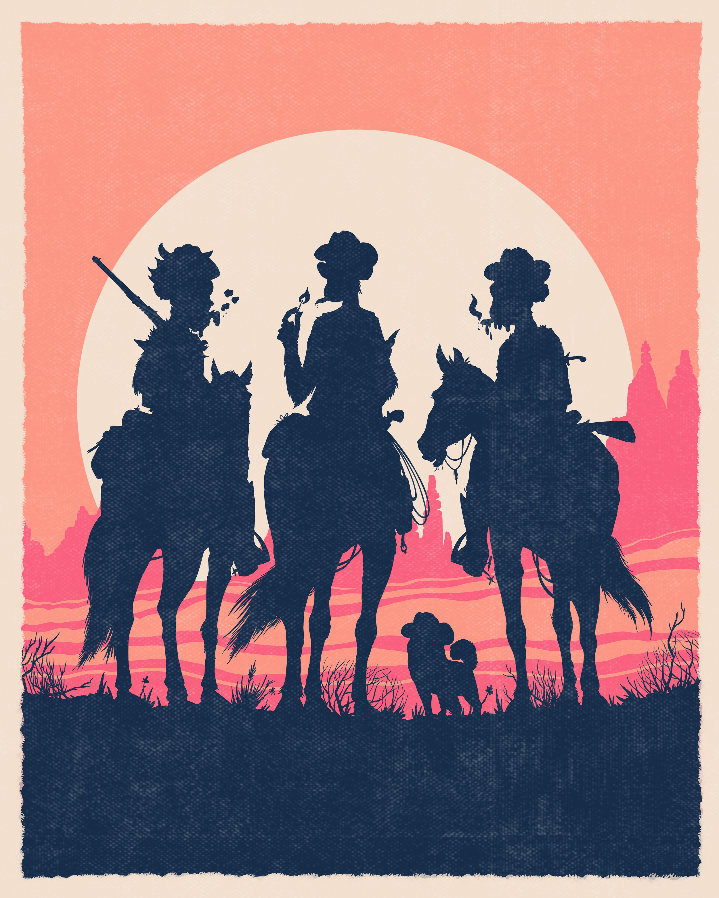 Silhouettes of four cowboys riding horses at sunset or sunrise, with a city skyline in the distance and desert vegetation in the foreground.
