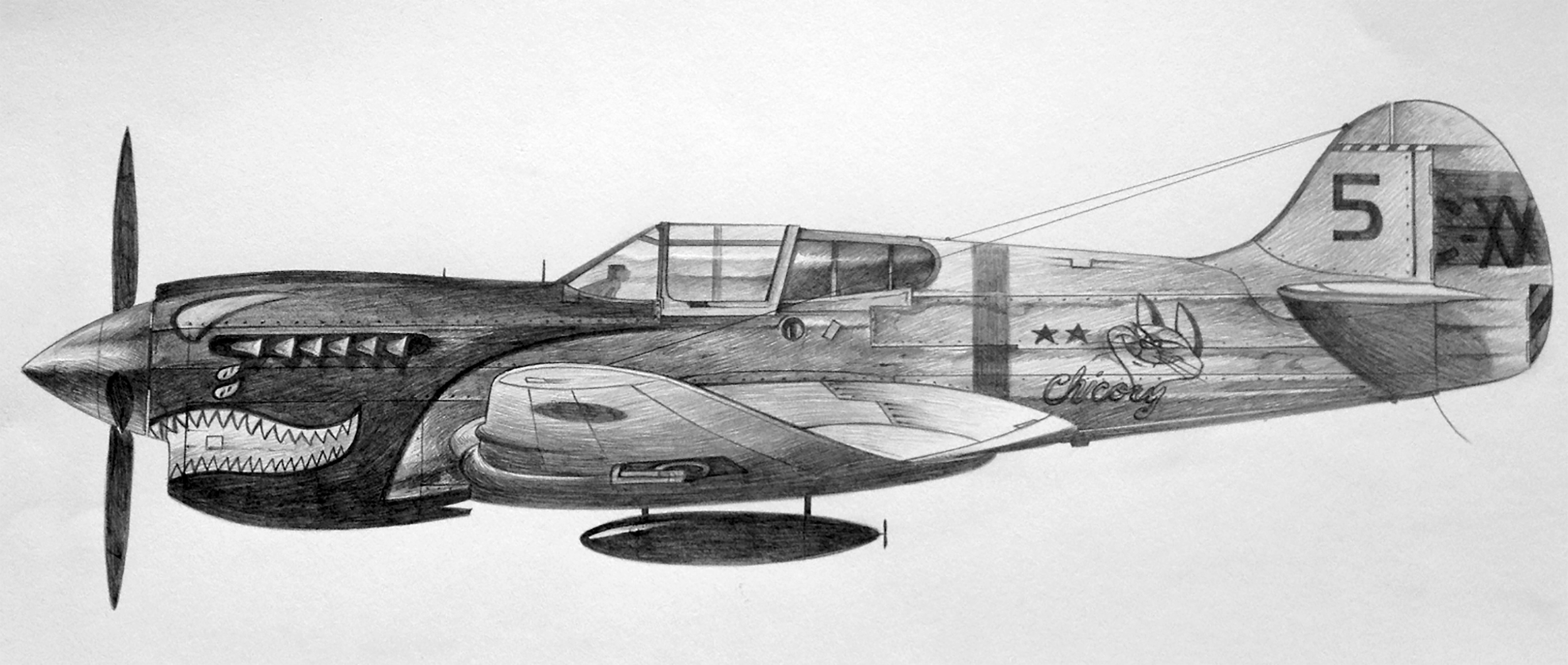 A pencil sketch of a military fighter jet plane with a shark mouth design on the nose, a shark fin, and the name 'Chocy' written on the side. The jet has two stars and a letter 'M' on the tail section.