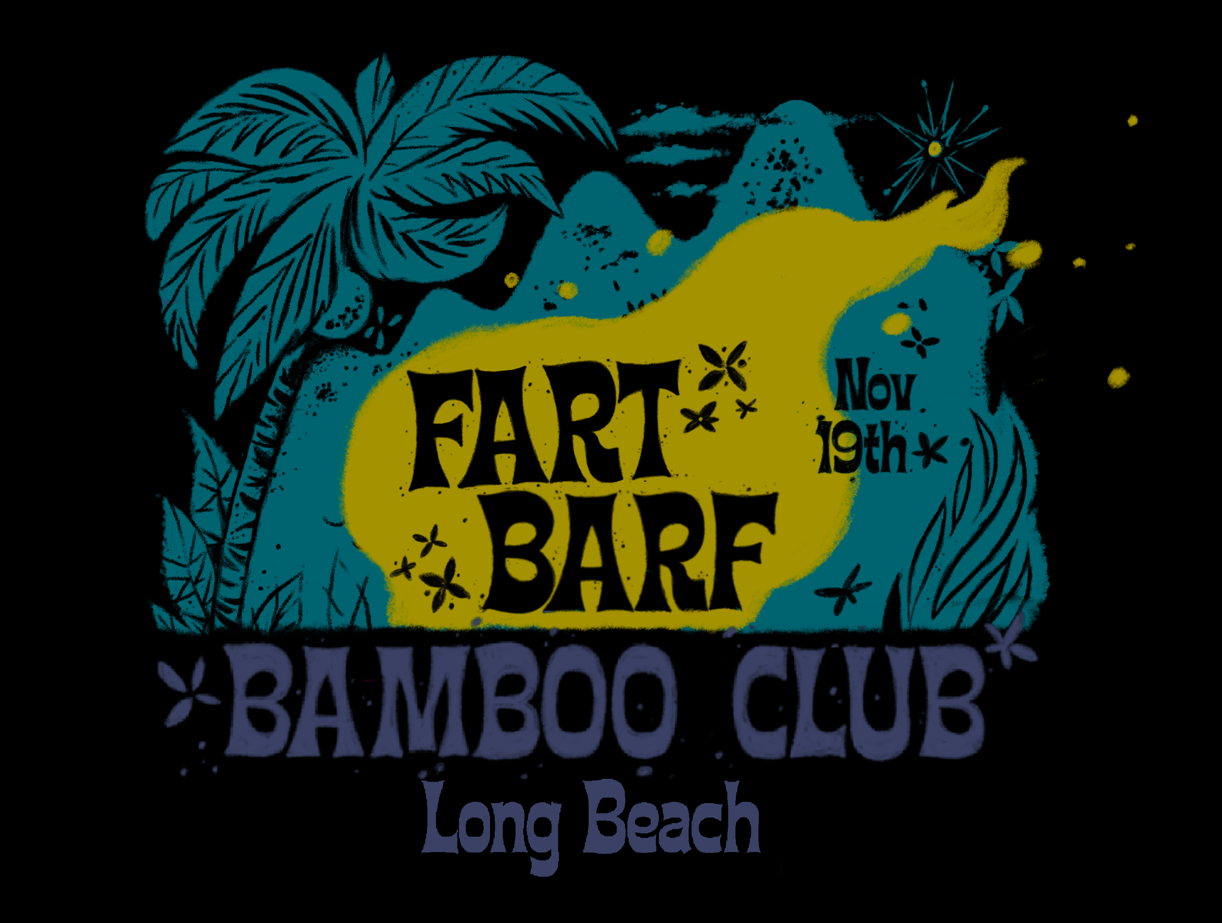 Illustrated poster featuring tropical leaves, a mountain, stars, and text promoting an event at Long Beach with the dates November 19th to 22nd.