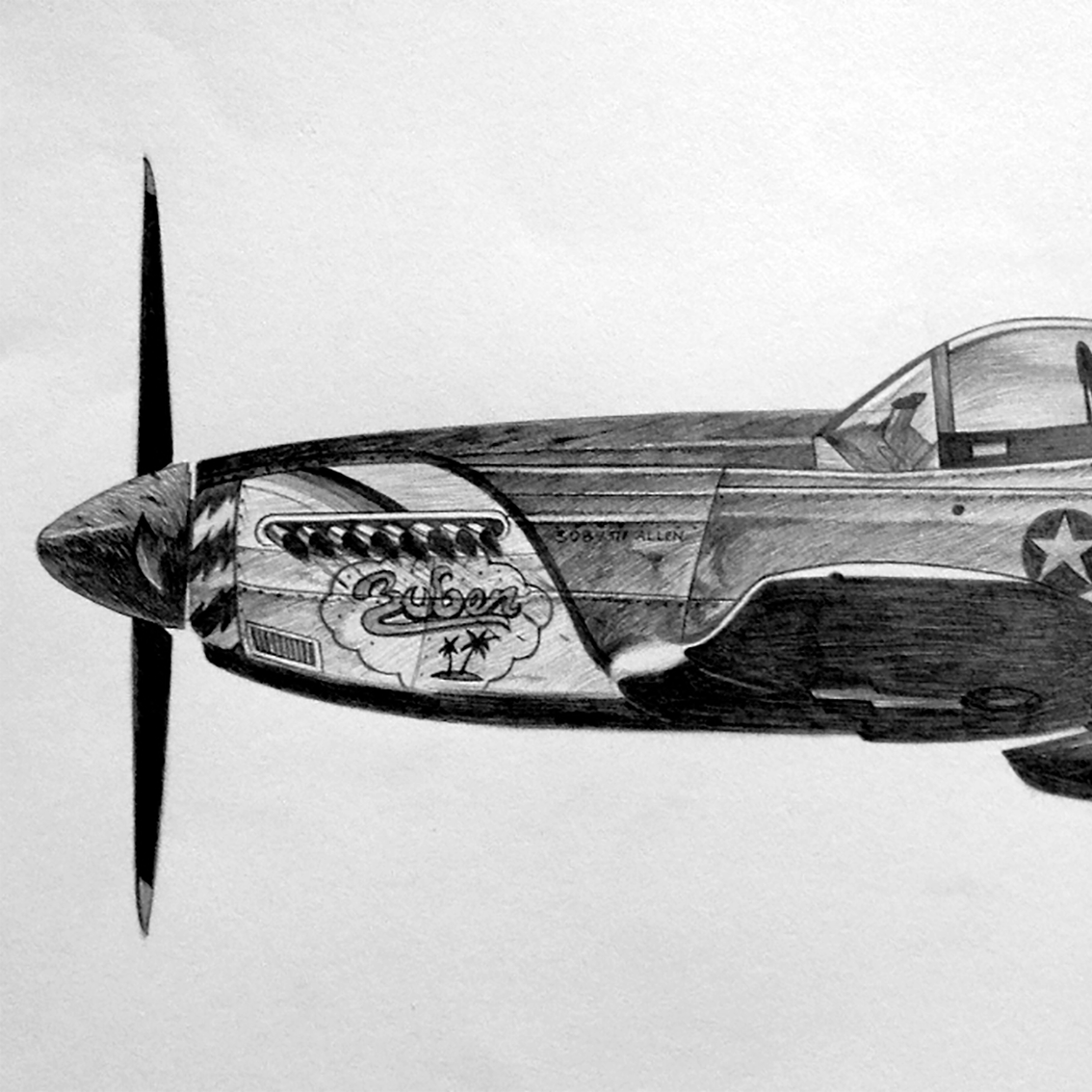 Drawing of a vintage rocket ship with a logo that says "Euben" and a star on the side, with a propeller at the front and a cockpit on top.