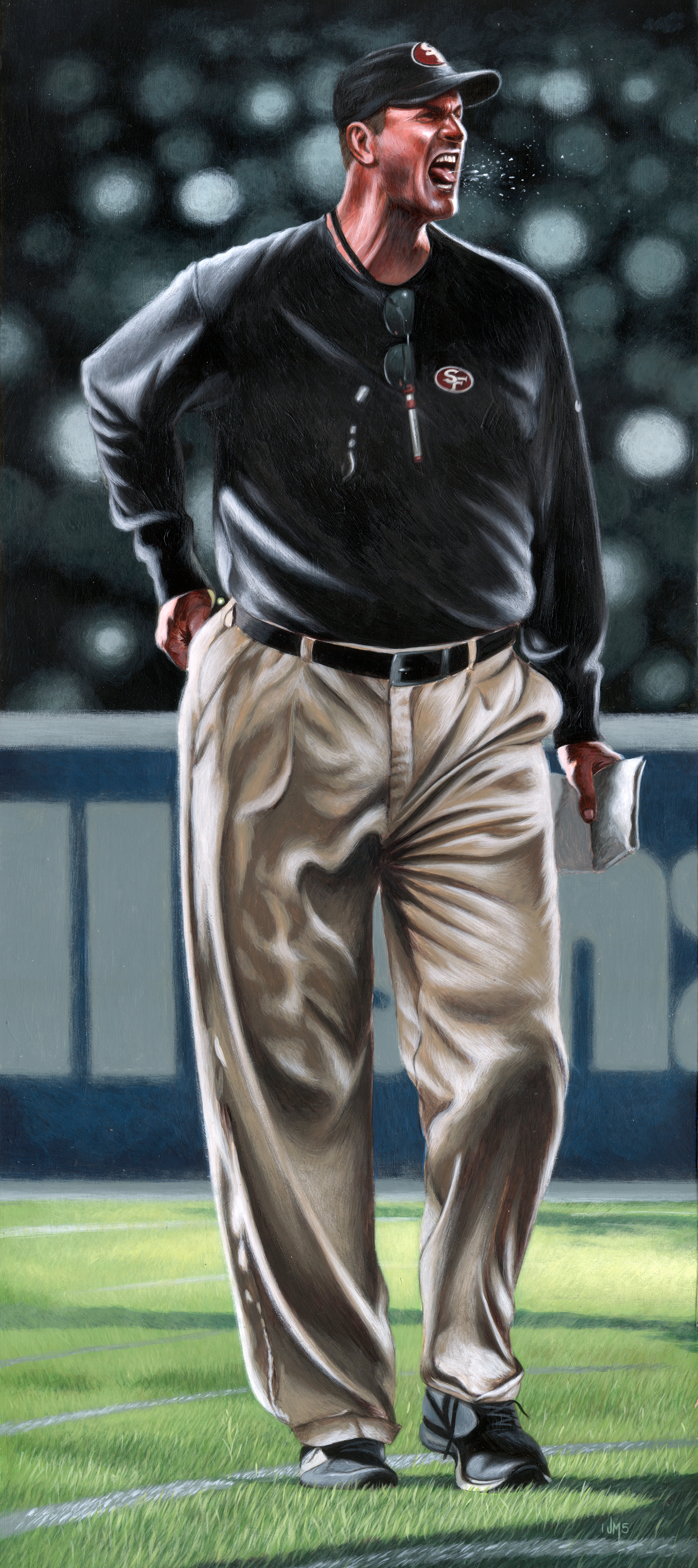 Painting of a man in a black jacket, khaki pants, and a baseball cap, standing on a sports field, looking angry or intense, with his mouth open.