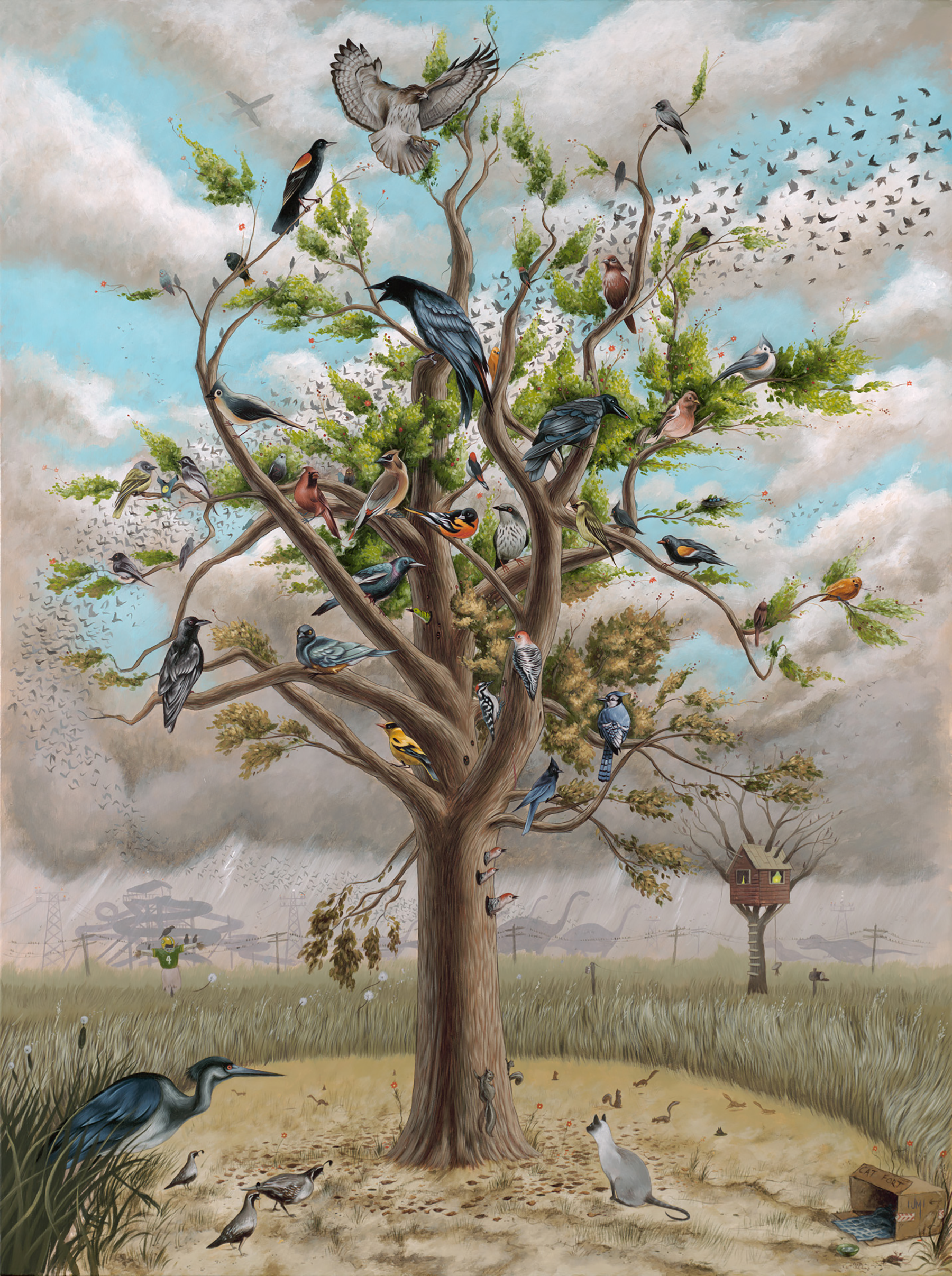 A large tree with numerous different types of birds perched on its branches, flying around, and sitting on the ground. There is a birdhouse attached to a branch on the right side, and a bird feeder hanging below it. The background features a cloudy sky, with some structures and a grassy field at the bottom.
