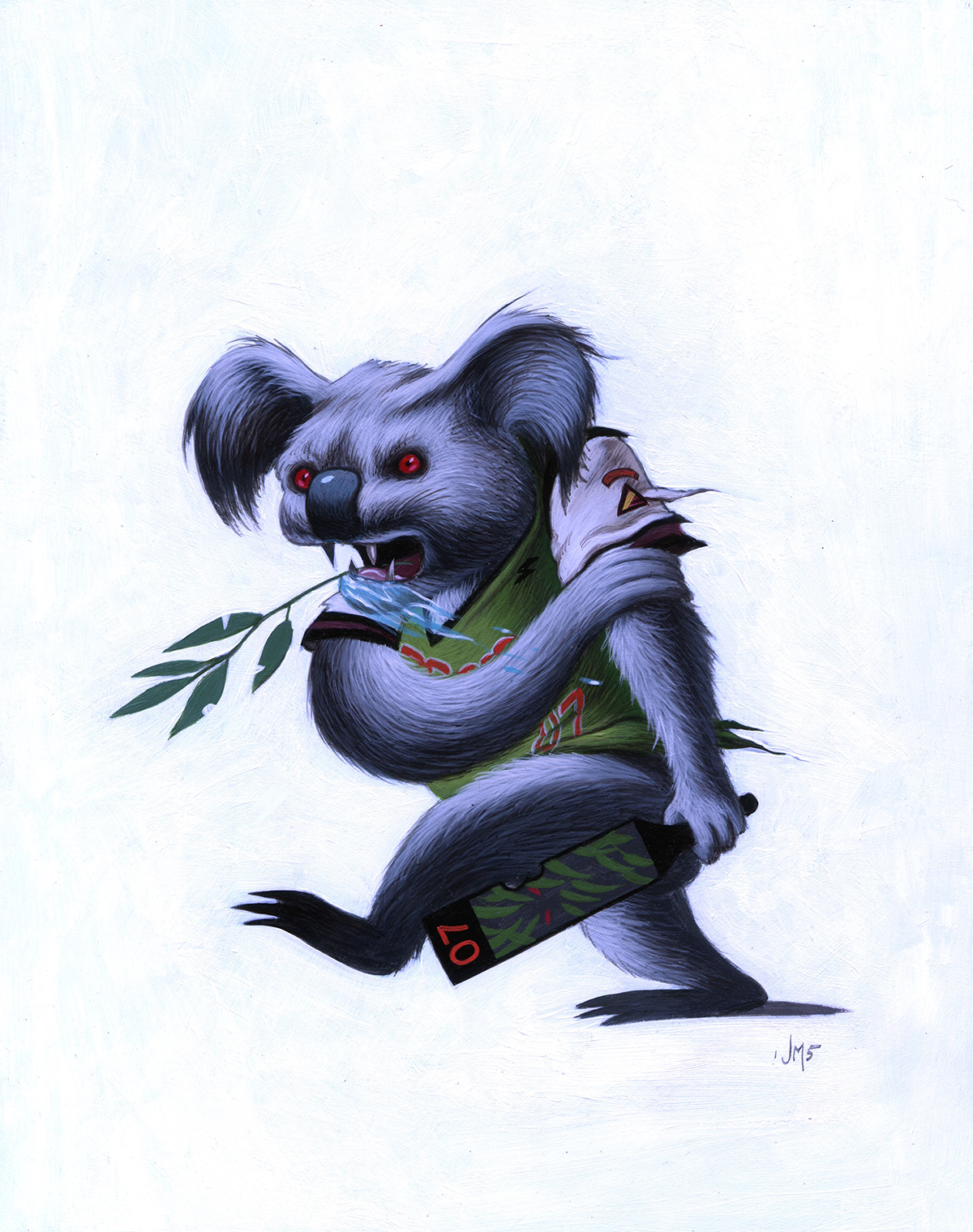 A surreal painting of a creature with a koala's body, human-like face, and wolf's claws, wearing a green shirt and running while clutching a palm branch.