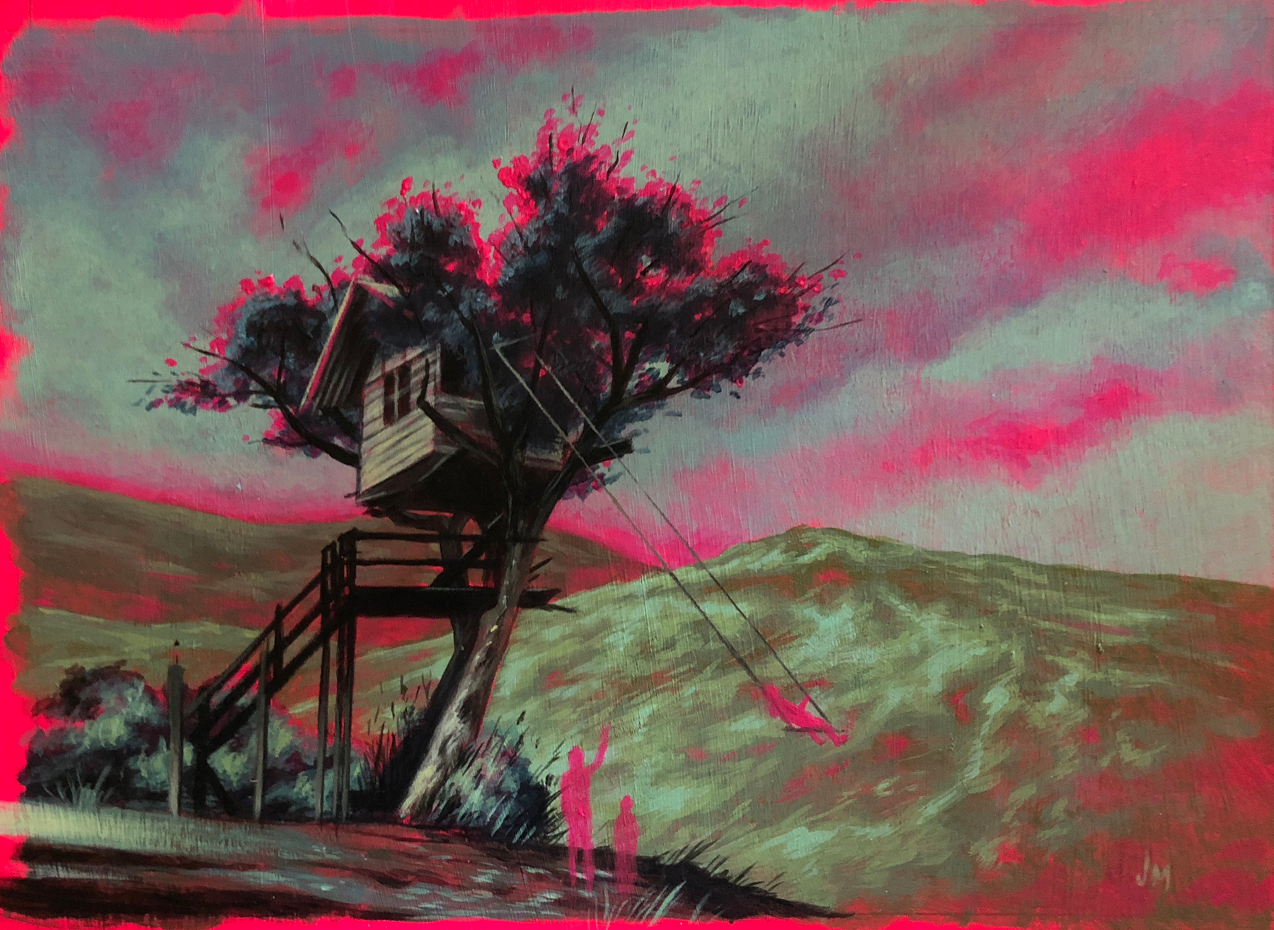 Painting of a tree with pink blossoms on a hillside under a pink and gray sky, with an electricity pole and two people standing nearby.