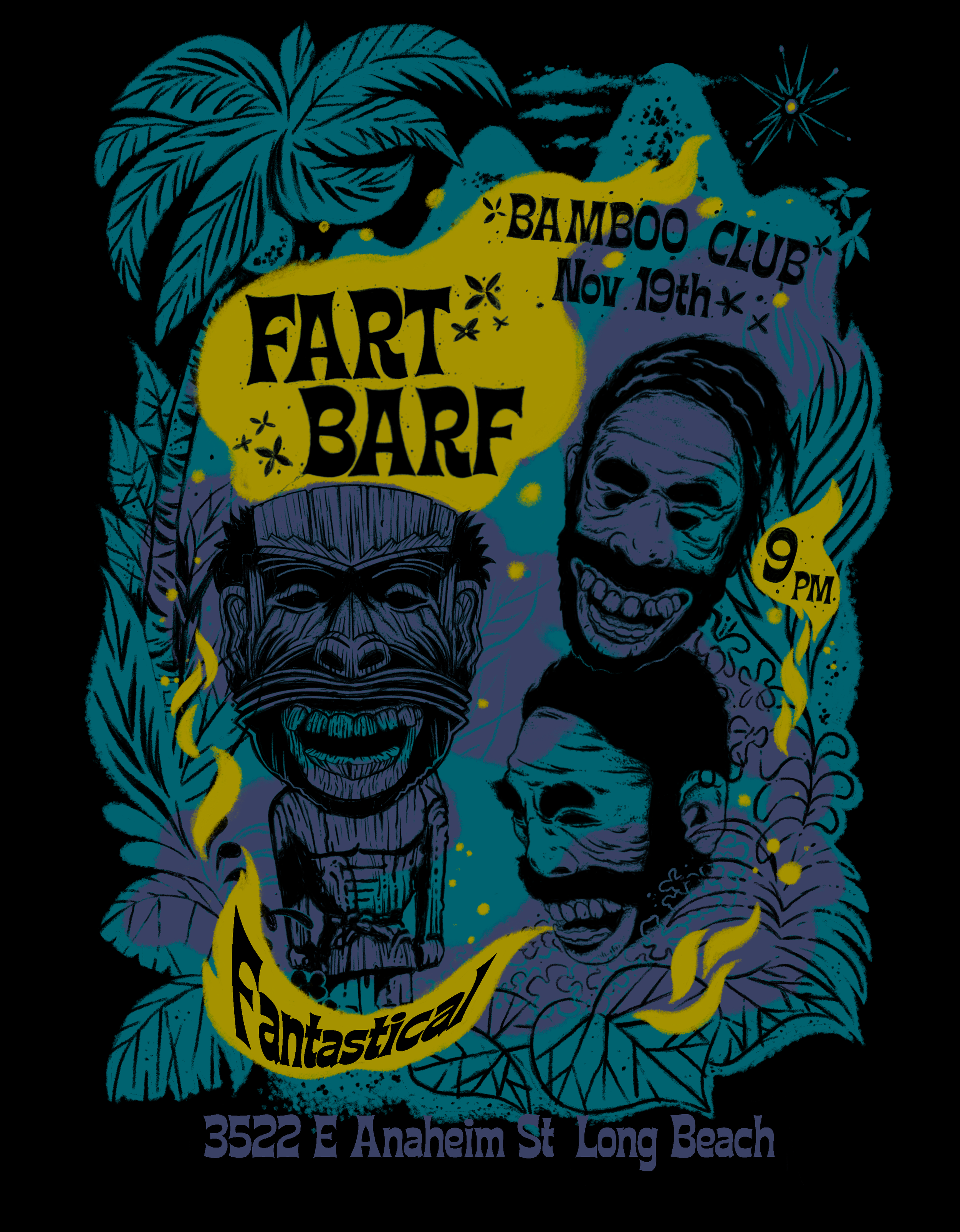 Illustration promoting an event at Bamboo Club in Long Beach. Features a colorful design with a smiling tiki face, a man with sunglasses and a smile, and a woman. Text includes event details: 'Fart Bare,' 'Bamboo Club,' 'Nov 19th,' '9 PM,' and the address '3522 E Anaheim St Long Beach.'