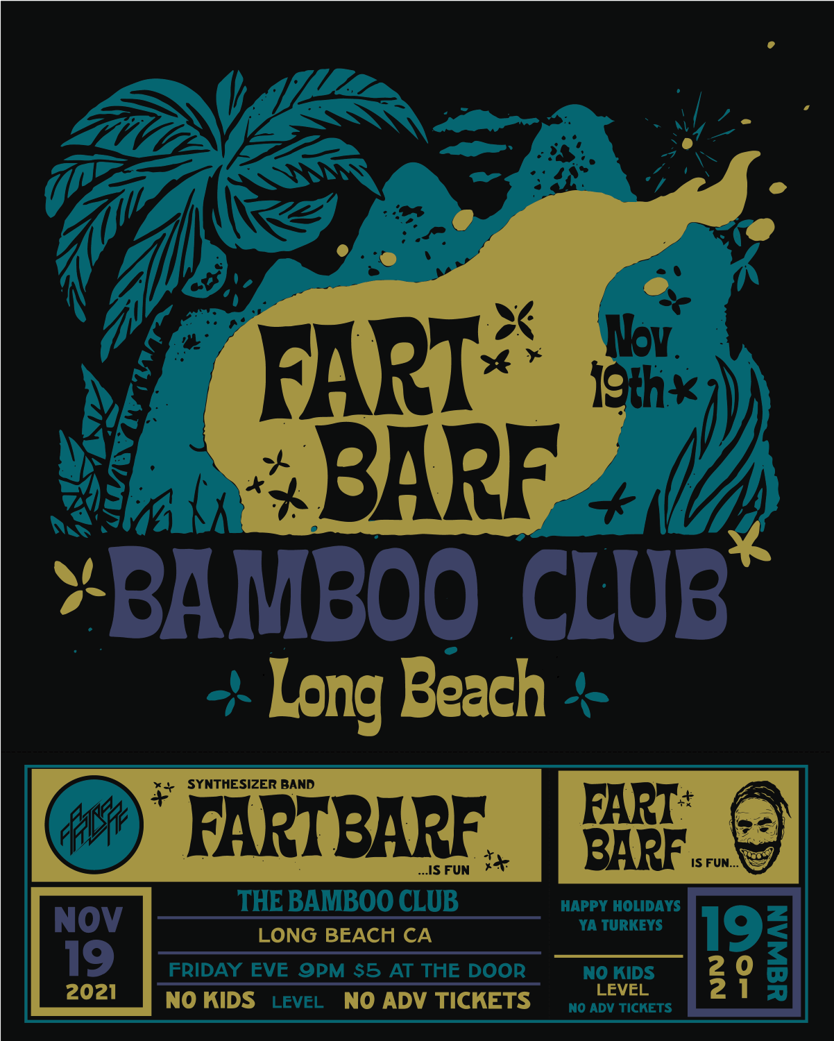 Event poster for Fart Bare at Bamboo Club in Long Beach, CA, on November 19, 2021, with tropical and cartoonish design elements.
