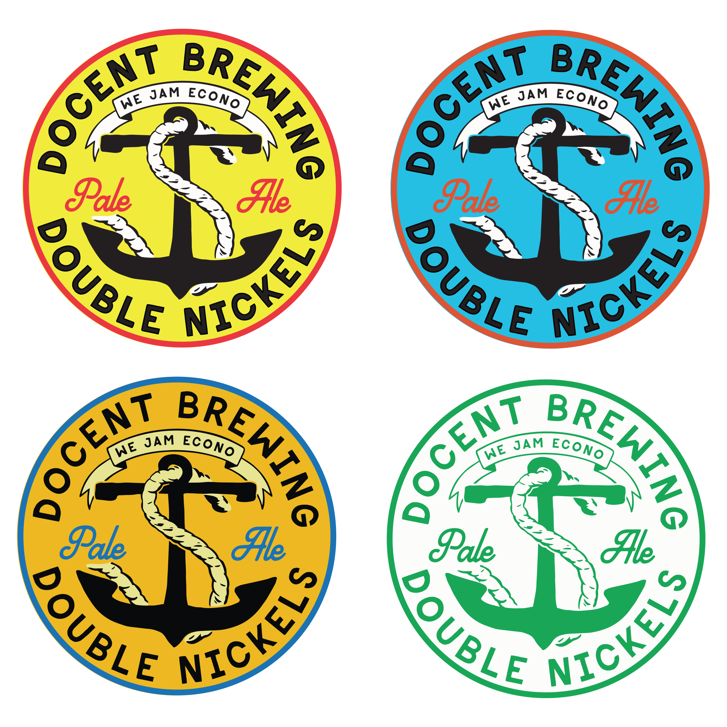 Colorful circular logos for 'D.O. Czent Brewing' with the slogan 'We Jam Econo' and 'Pale Ale' written in cursive, featuring a black anchor and rope design.