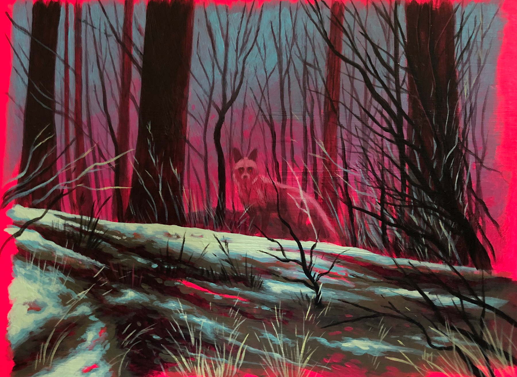 A painting depicts a dark, eerie forest scene with tall, leafless trees and fallen logs in the foreground. A glowing, spectral canine figure with glowing eyes is centered among the trees, illuminated by a pinkish-red light that gives a haunting atmosphere.