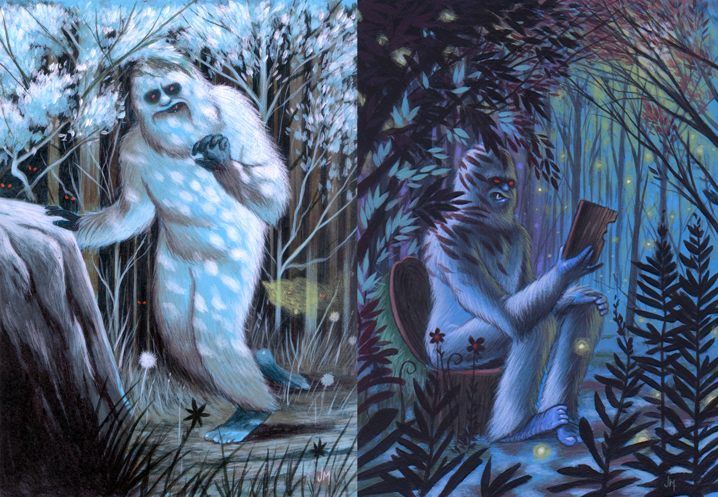 Two side-by-side paintings of mythical creatures in a forest, one of a white, fuzzy creature with red eyes and a friendly expression, on the left, and a large, dark creature with red eyes, partially hidden among dense dark leaves, on the right.